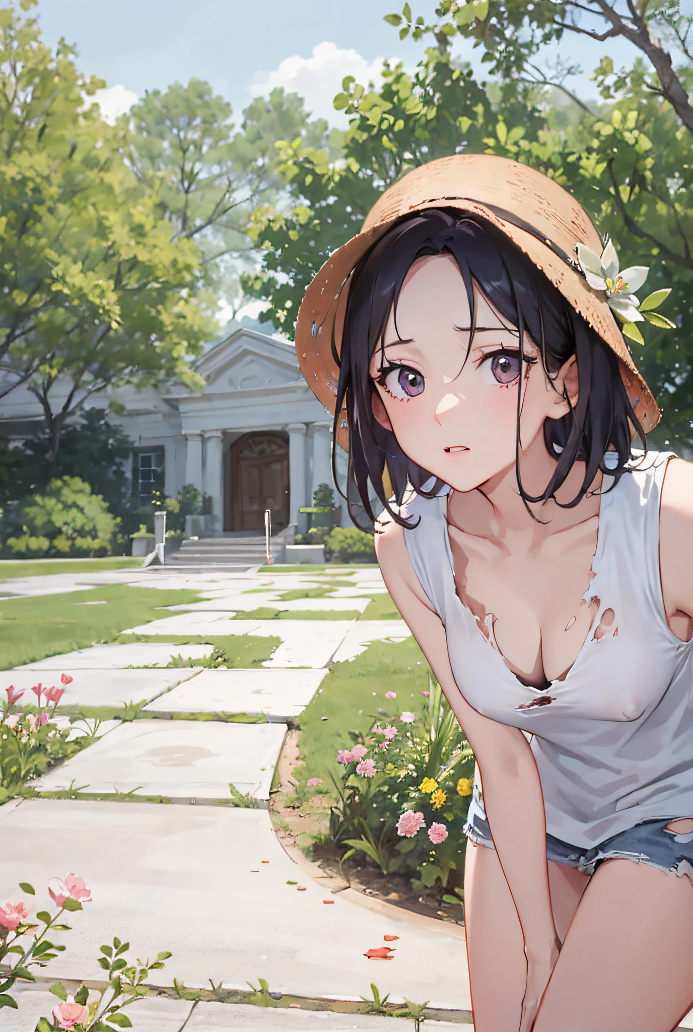 8K, (Masterpiece, Top Quality, Best Quality, Official Art, Beauty and Aesthetics: 1.2), Extremely Detailed, Colorful, Supreme Detail, There is a Woman in the Park, Short Hair, A Lovely Young Woman, High Quality Portrait, f/1. 9 6.8 1 mm ISO 4 0, Flowers Handheld, Chen Xintong, Loepfe Portrait, Dim, Dark, Despair, Mercy, Pity, Film, ( Torn Clothes: 1.5), Open Vest, Big Tits, (Ruins: 1.3), Expressionless, Cleavage, Open Legs, Nipples, Gang Explosion, 3guy, bare shoulders,