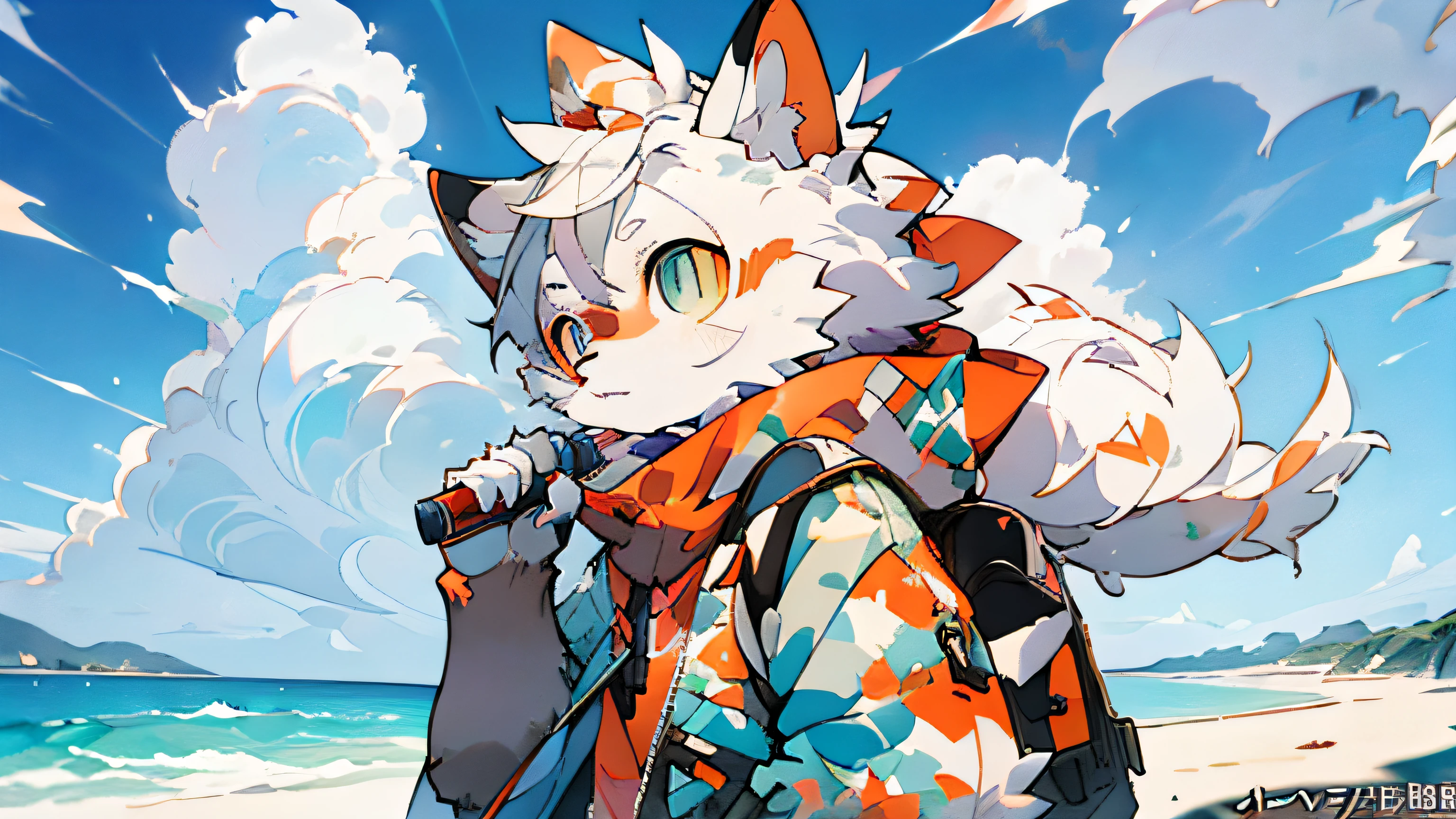 Anime characters with backpacks and mobile phones on the beach, Furry fantasy art, Fursona art, Fursona furry art council, Isekai, clear clear RPG portrait, furry art, official art, official artwork, profile picture 1024px, white bear anime, furry art!, anthropomorphic furry art, very, very beautiful furry art