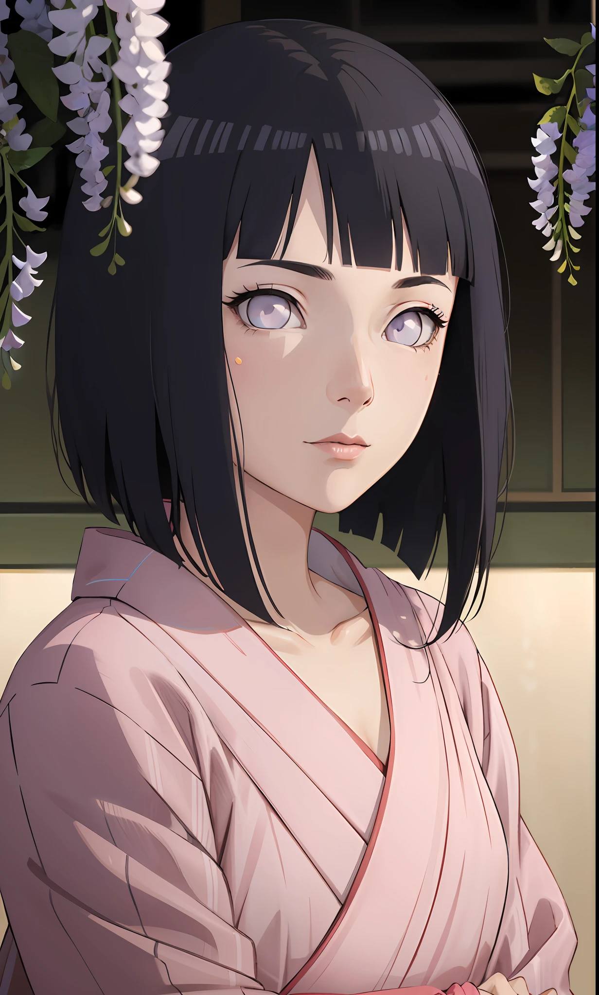 masterpiece, (pink kimono), seductive face, good lighting, décolleté, small details, masterpiece, glowing eyes, 1girl, black hair, on face, Nezuko Kamado, wisteria background, masterpiece, best quality, POV, erotica