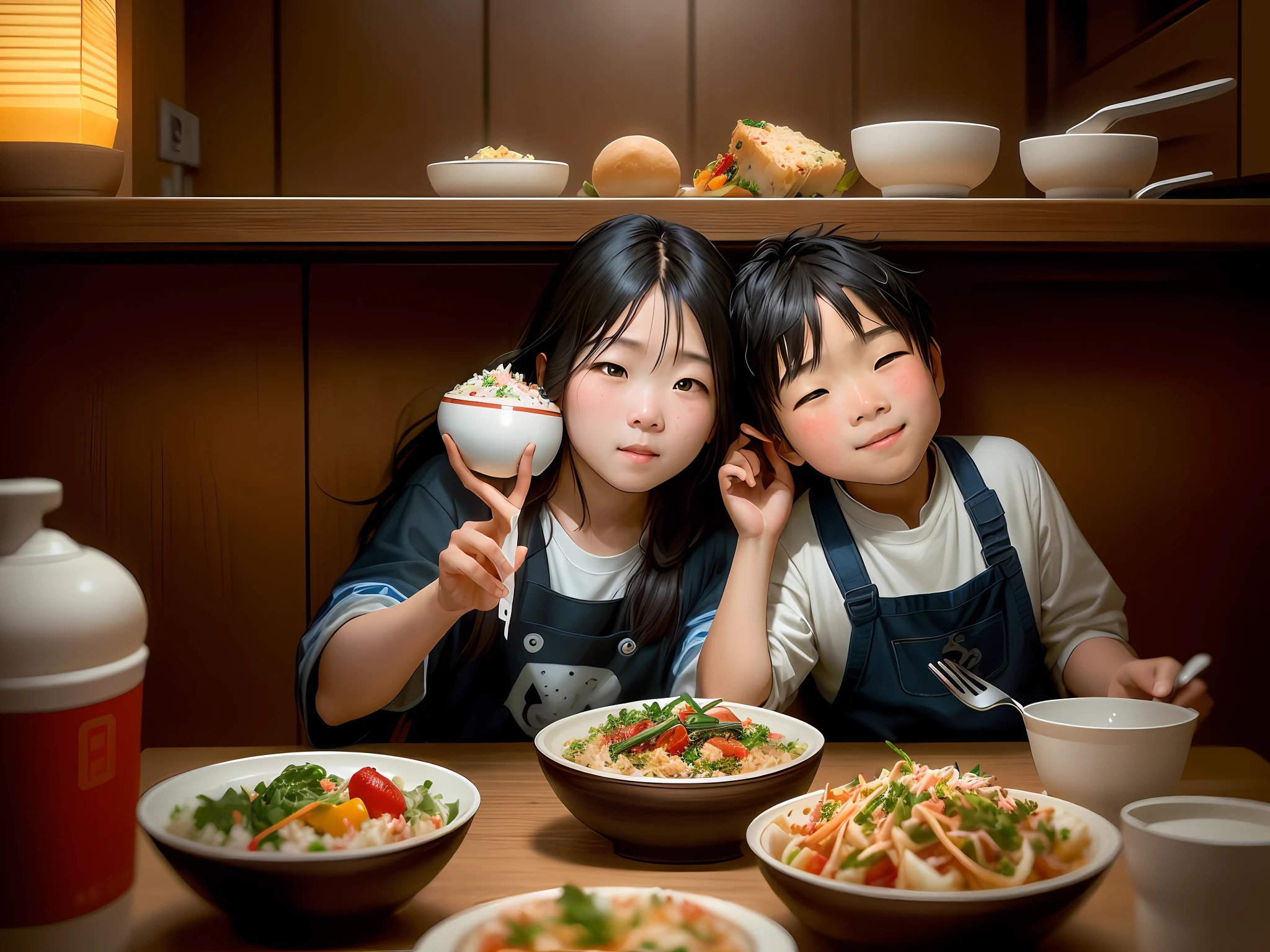there are two people sitting at a table with bowls of food, ruan jia and brom, kid, taken with the best dlsr camera, with a kid, ruan jia and fenghua zhong, family dinner, kids, taken with sony alpha 9, shot on nikon z9, healthy, taken with canon eos 5 d mark iv, yummy, children