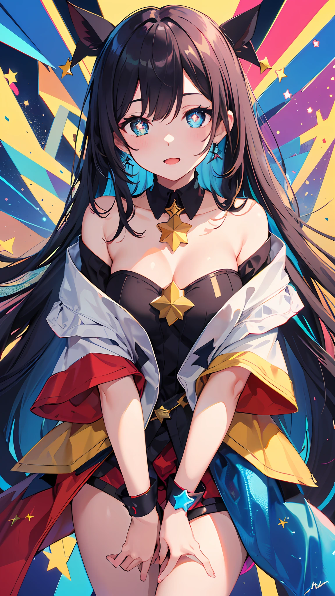 (masterpiece, best quality), ((1girl, (mature female) long hair), (star-shaped pupils,  +_+, symbol-shaped pupils, sparkling eyes)), (looking at viewer, light smile, off shoulder), (multicolored background, abstract background, chromatic aberration),