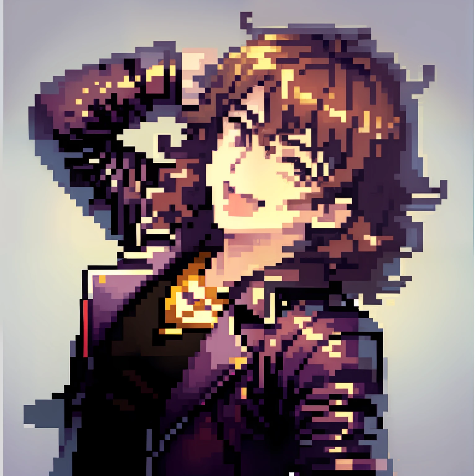 Young man, purple hair, blue leather jacket, parted hair, portrait, curly hair at the end, cheerful