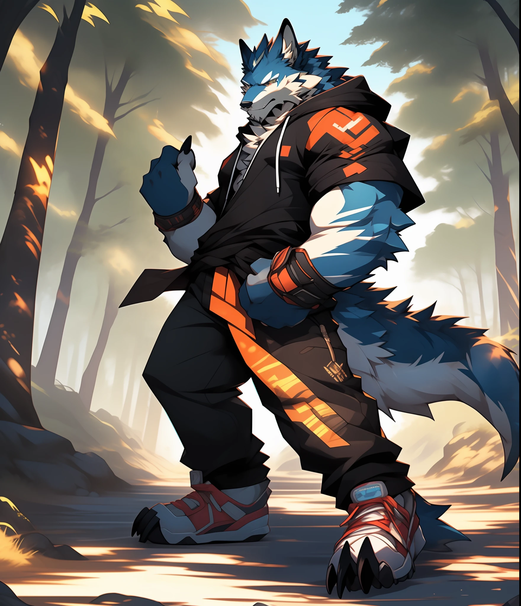 Furry muscular werewolf male wearing only pants, furry art, muscle werewolf, high resolution committee, whole body committee, furry anime, flessona furry art committee, furry flsona, gorgeous werewolf flsona, furry, furry art, expression fierce, tsundere, 1boy, a long furry tail, staring at the screen, sharp claws, hair color black and gold, two legs, standing on both feet, crossed waist with one hand, human wolf, As a character in Tekken, hoodie, Furry characters, Flsona art, background, forest path