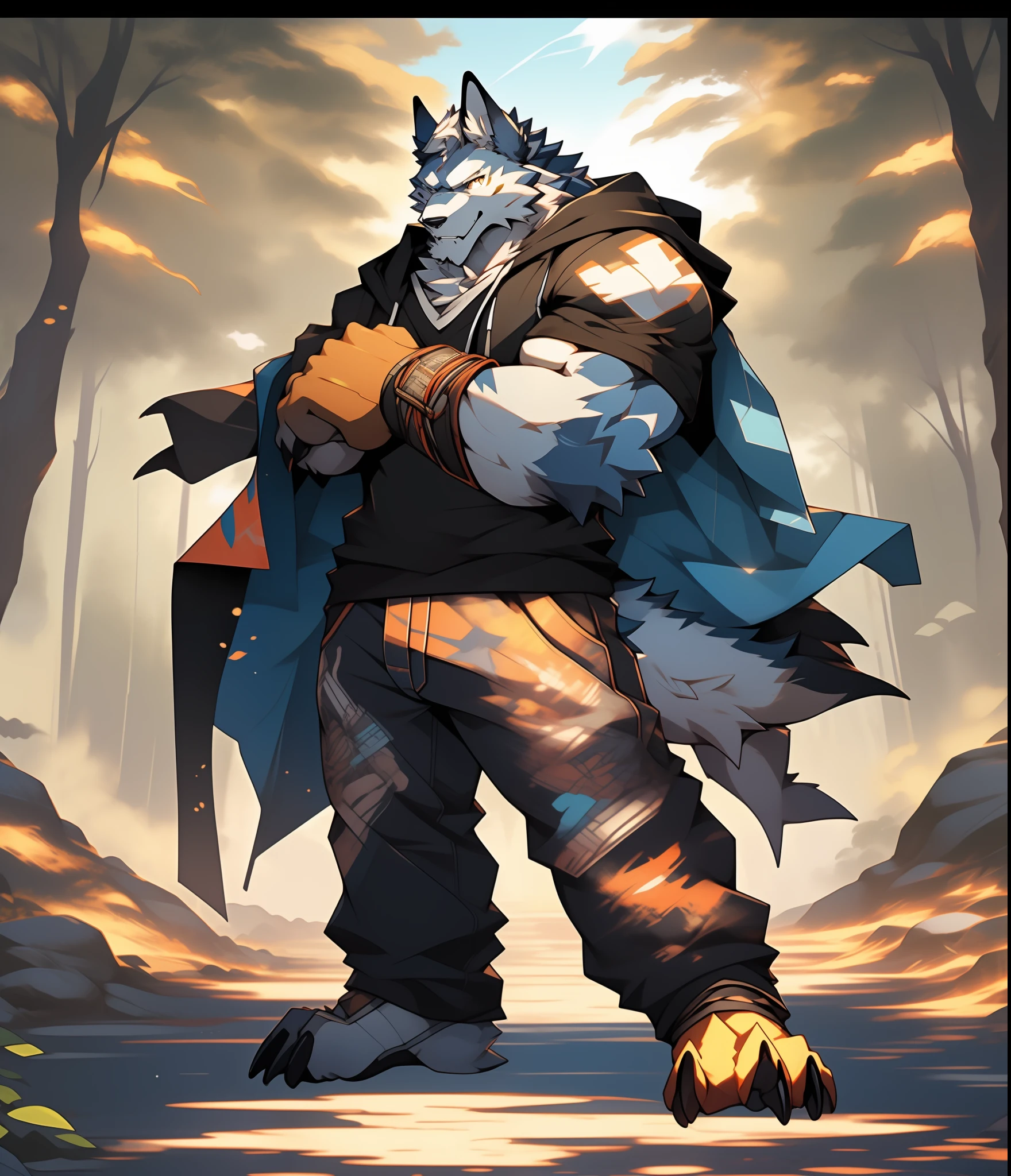 Furry muscular werewolf male wearing only pants, furry art, muscle werewolf, high resolution committee, whole body committee, furry anime, flessona furry art committee, furry flsona, gorgeous werewolf flsona, furry, furry art, expression fierce, tsundere, 1boy, a long furry tail, staring at the screen, sharp claws, hair color black and gold, two legs, standing on both feet, crossed waist with one hand, human wolf, As a character in Tekken, hoodie, Furry characters, Flsona art, background, forest path