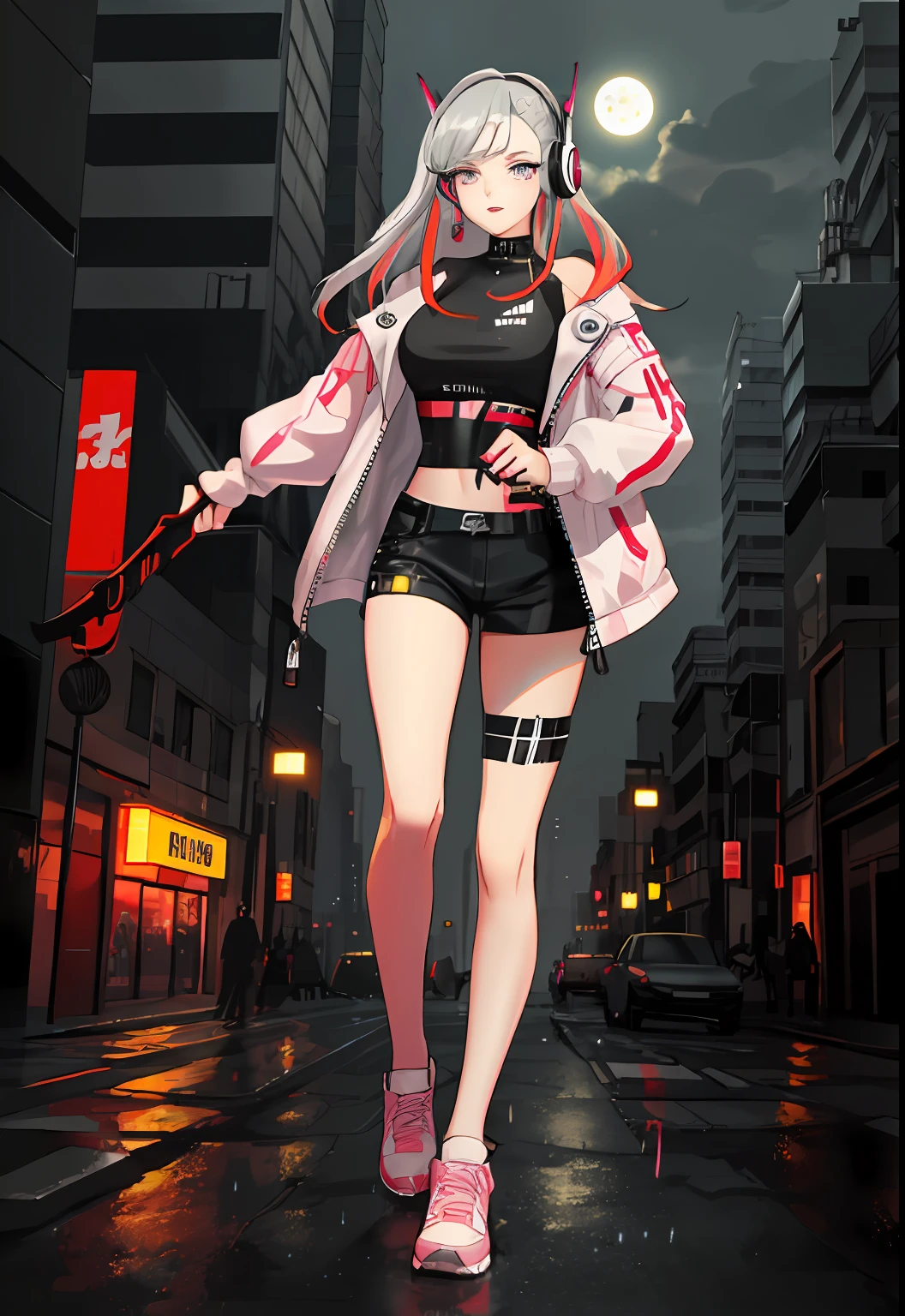 1girl,  hair scrunchie, hime cut, silver hair, colored tips, full moon, grey eyes, jacket, long sleeves, looking at viewer, medium hair, multicolored hair, parted bangs, parted lips, pink hair, portrait, red eyeliner, red lips, solo, white jacket, cyberpunk,rainy night in a cyberpunk city with glowing neon lights,goth,Berserker,large boobs,showing off ,GtsGiga,neon light headphones,fullbody,running,chasing,barbarian,holding weapon,neon club,smug,Rampage,best quality,masterpiece