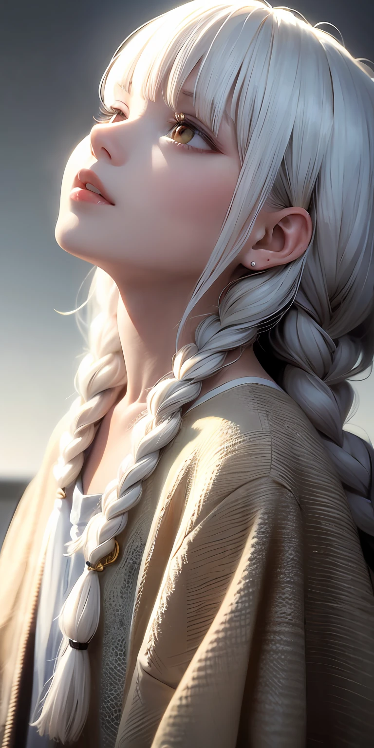best quality, masterpiece,white hair, gold eyes,white clothes, looking up, upper body,hair strand,Fair skin,side braids