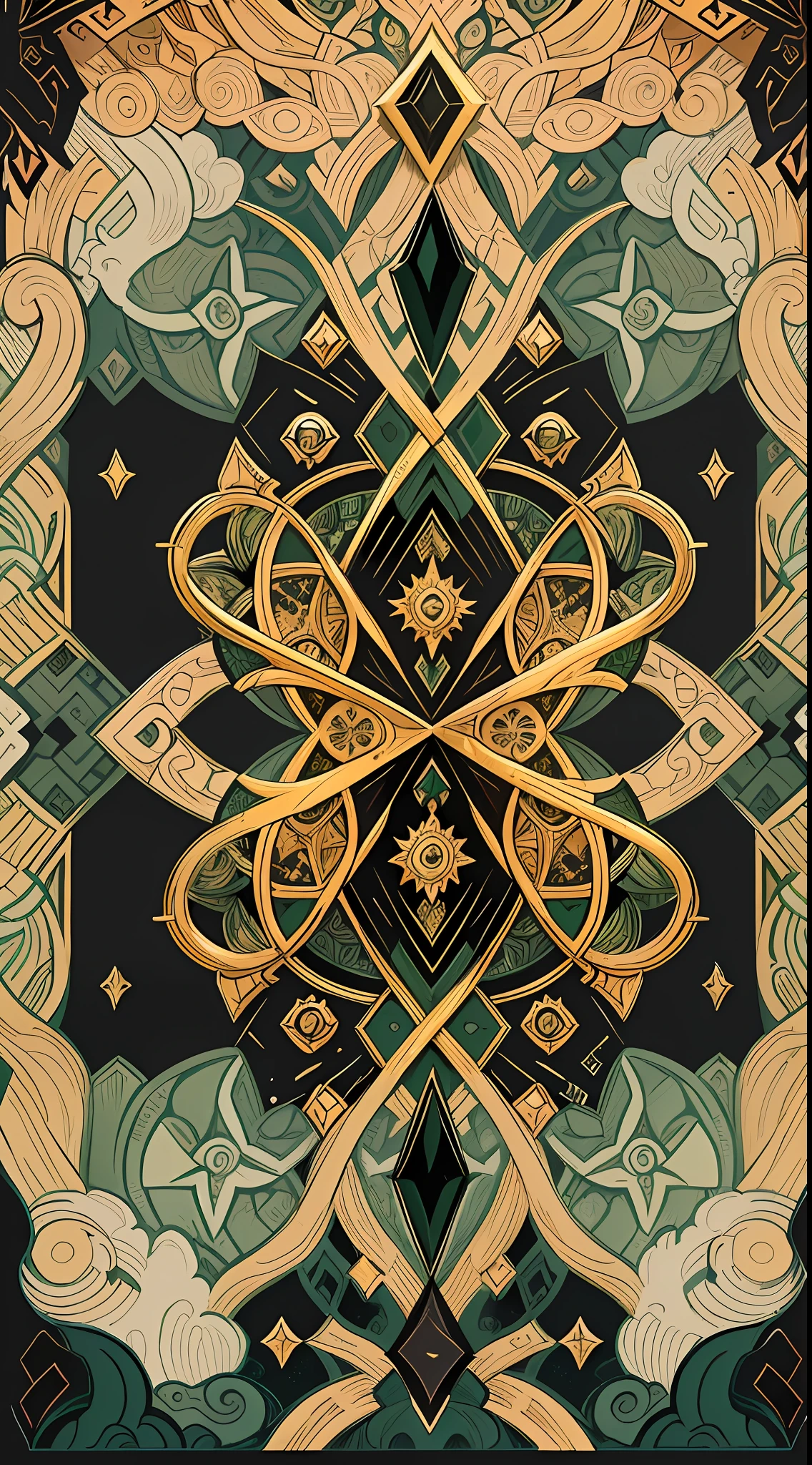 Official art, 8k unit wallpaper, ultra detailed, beautiful and aesthetic, high quality, beautiful, masterpiece, best quality (zentangle, mandala, tangle: 0.6), symmetrical, mandala symbolizing daggers and medieval blades. (Complementary color: black, green, gold), iconographic RPG