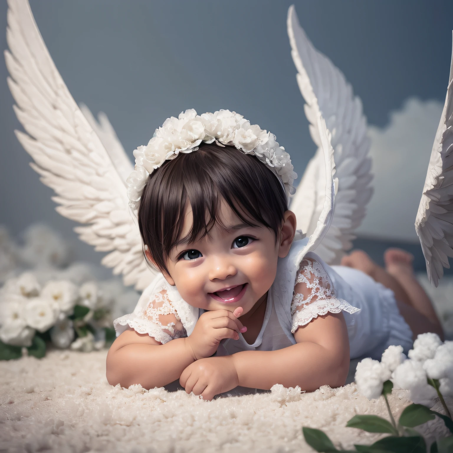 Cute black boy cupid with big wings. happy face. Dressed in white tunica. lying face down among clouds of cotton. Digital painting, artstation, concept art, soft focus, sharp, illustration.