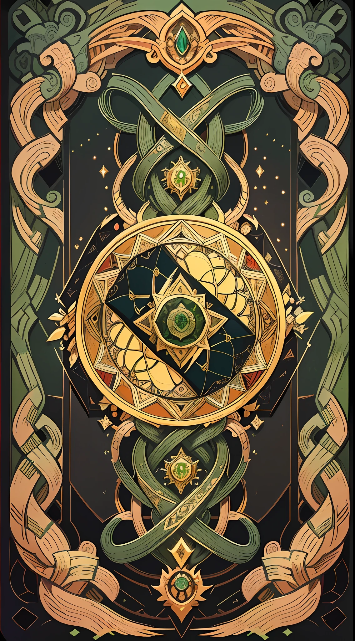 Official art, 8k unit wallpaper, ultra detailed, beautiful and aesthetic, high quality, beautiful, masterpiece, best quality (zentangle, mandala, tangle: 0.6), symmetrical, mandala symbolizing daggers and medieval blades. (Complementary color: black, green, gold), iconographic RPG