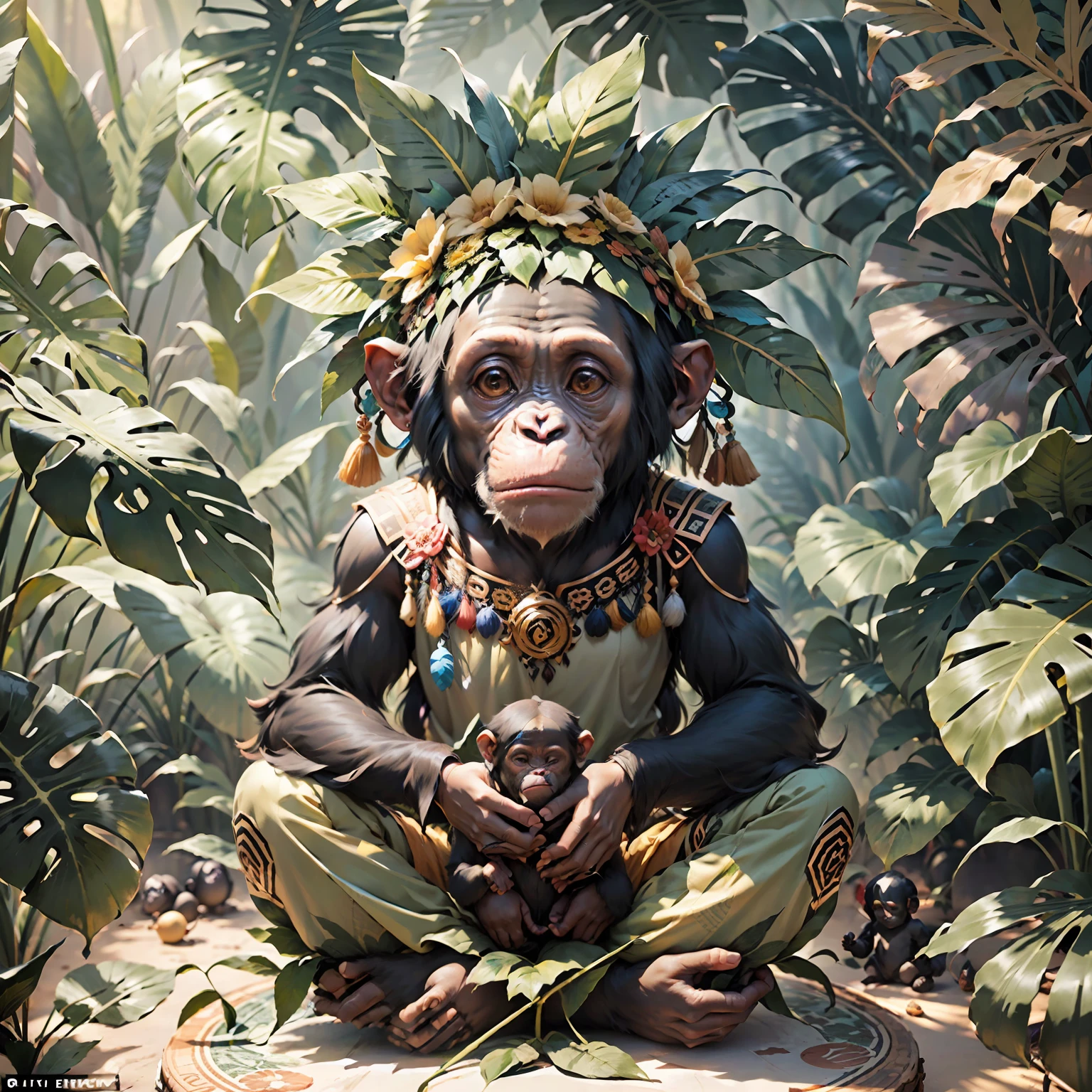 Chimpanzee cub with indigenous headdress on head, ((meditating)) large colored feathers, facing the camera, detail: sitting in the middle of dense tropical foliage, highly detailed intricate, ((masterpiece)), ultra hyperrealistic, masterpiece