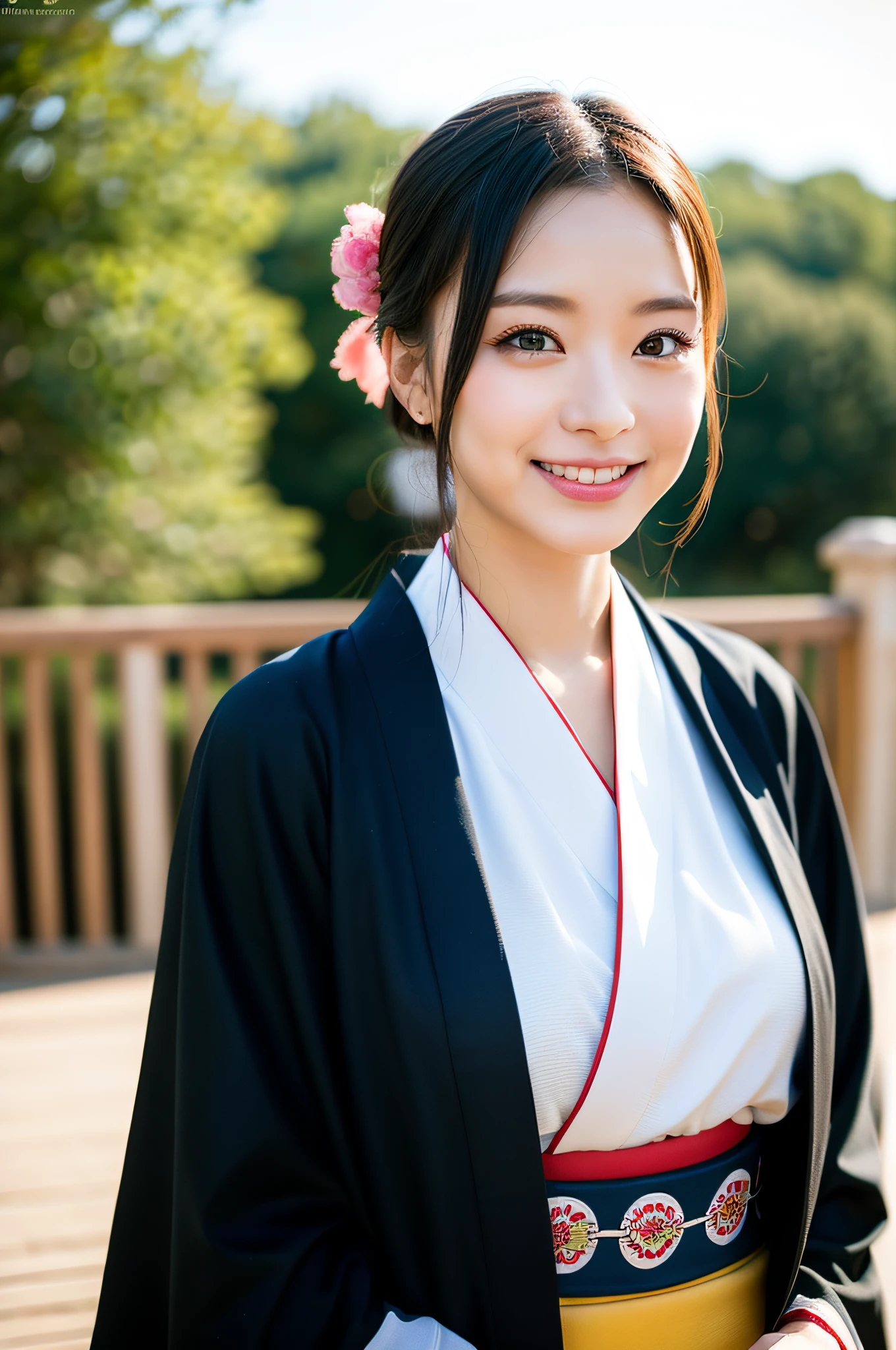 ((Top Quality, 8K, Masterpiece: 1.3)), Sharp Focus: 1.2, (Super Beautiful Face: 1.0), (Slender Abs Beauty: 1.0), (Shiny Skin: 1.0), Realistic Photography, Black Hair, Realistic Pupils, Video Lighting, High Definition Eyes and Face, Video Lighting, (Cowboy Shot: 1.3), (Kimono, Hakama, Obi: 1.4), (Korean Cute Actress), Traditional Kimono, Happy, Watch the audience, From the front, big