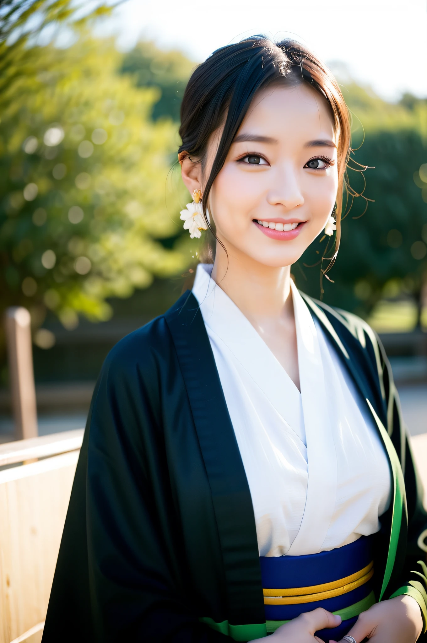 ((Top Quality, 8K, Masterpiece: 1.3)), Sharp Focus: 1.2, (Super Beautiful Face: 1.0), (Slender Abs Beauty: 1.0), (Shiny Skin: 1.0), Realistic Photography, Black Hair, Realistic Pupils, Video Lighting, High Definition Eyes and Face, Video Lighting, (Cowboy Shot: 1.3), (Kimono, Hakama, Obi: 1.4), (Korean Cute Actress), Traditional Kimono, Happy, Watch the audience, From the front, big