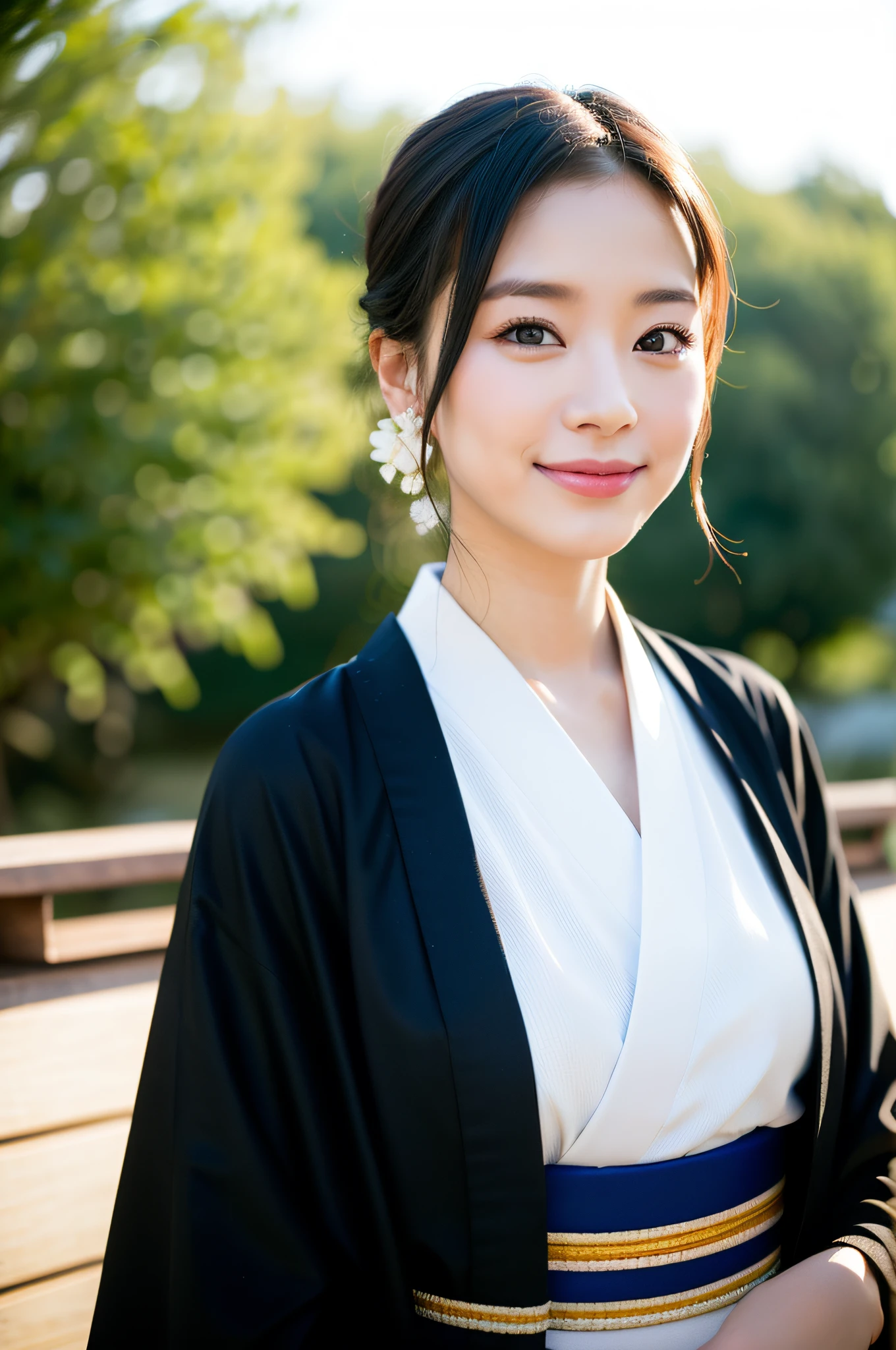 ((Top Quality, 8K, Masterpiece: 1.3)), Sharp Focus: 1.2, (Super Beautiful Face: 1.0), (Slender Abs Beauty: 1.0), (Shiny Skin: 1.0), Realistic Photography, Black Hair, Realistic Pupils, Video Lighting, High Definition Eyes and Face, Video Lighting, (Cowboy Shot: 1.3), (Kimono, Hakama, Obi: 1.4), (Korean Cute Actress), Traditional Kimono, Happy, Watch the audience, From the front, big