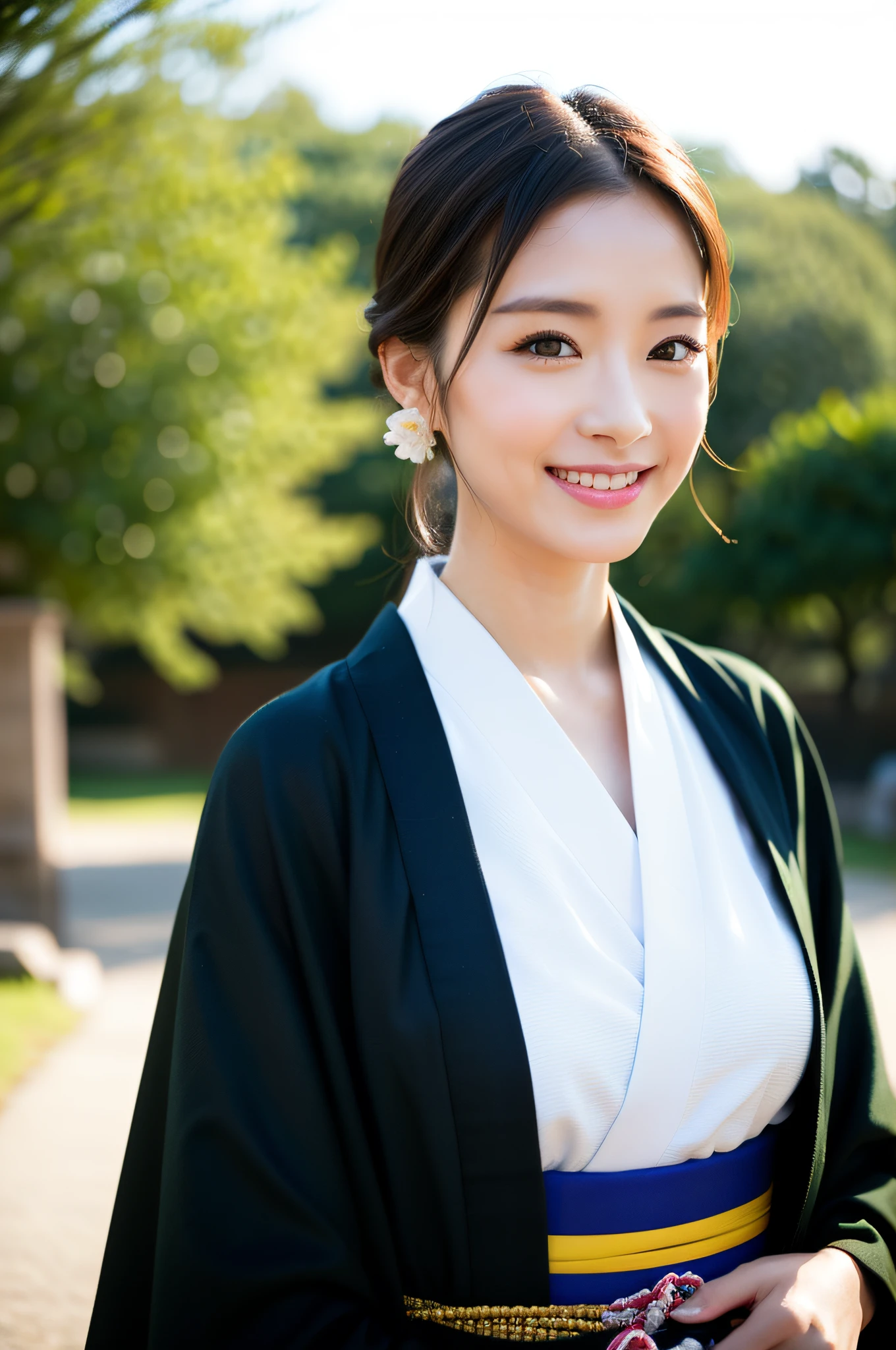 ((Top Quality, 8K, Masterpiece: 1.3)), Sharp Focus: 1.2, (Super Beautiful Face: 1.0), (Slender Abs Beauty: 1.0), (Shiny Skin: 1.0), Realistic Photography, Black Hair, Realistic Pupils, Video Lighting, High Definition Eyes and Face, Video Lighting, (Cowboy Shot: 1.3), (Kimono, Hakama, Obi: 1.4), (Korean Cute Actress), Traditional Kimono, Happy, Watch the audience, From the front, big