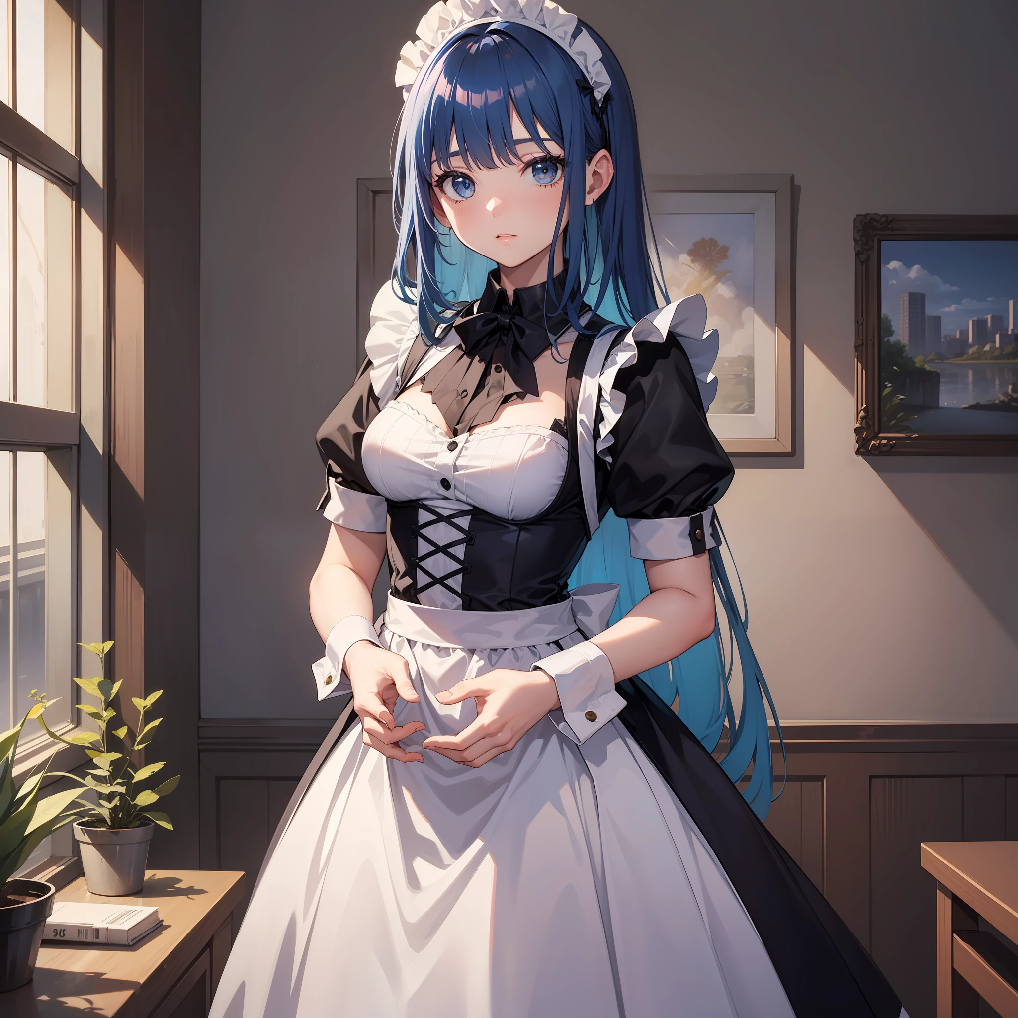 A woman, blue hair, long hair with bangs, maid, indoors