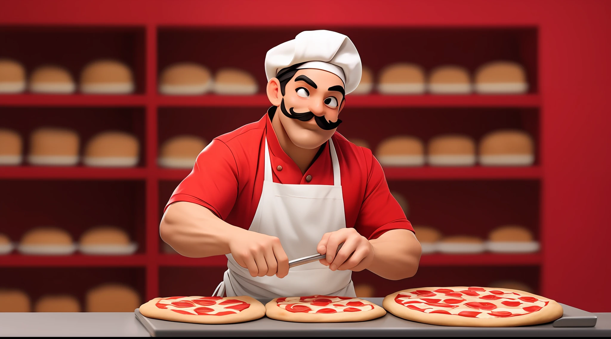 Italian mustache with touch blanche smiling baking pizza with chef's outfit Infinite red background blurred cinematic Waiting to get started