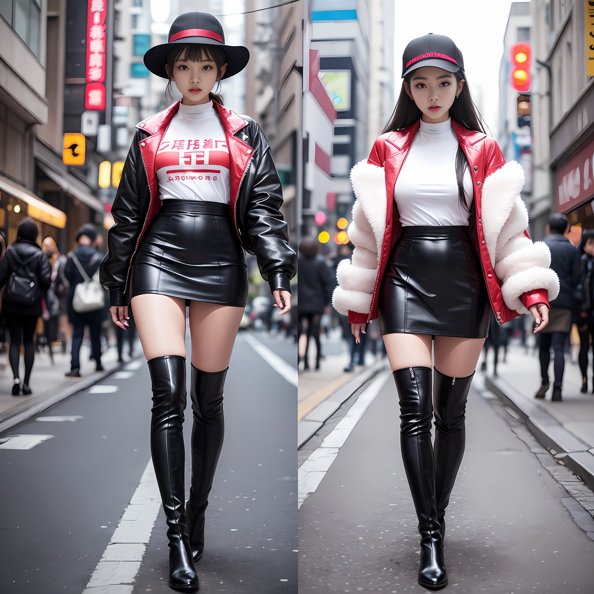 A woman in a white top and black boots standing on the street, Chinese female fashion model, white fluffy clothes, short skirt and long jacket, Japanese city street fashion, black pink Rosan Park, she wears streetwear, Japanese street fashion, Tokyo fashion, street dress woman in jacket and skirt, street fashion, Harajuku street fashion, beautiful woman walking in the wind, black gloves, over-the-knee red boots, tall, long legs, perfect body proportions, thin waist, black suspender stockings, tall, Slender body, nine-headed body, big eyes, beautiful and exquisite face, perfect body details, perfect body proportions, perfect visual proportions, fashion shooting, glamorous, feminine, delicate, highlighting female curves, subtext: sexy, confident. Chinese woman --auto --s2