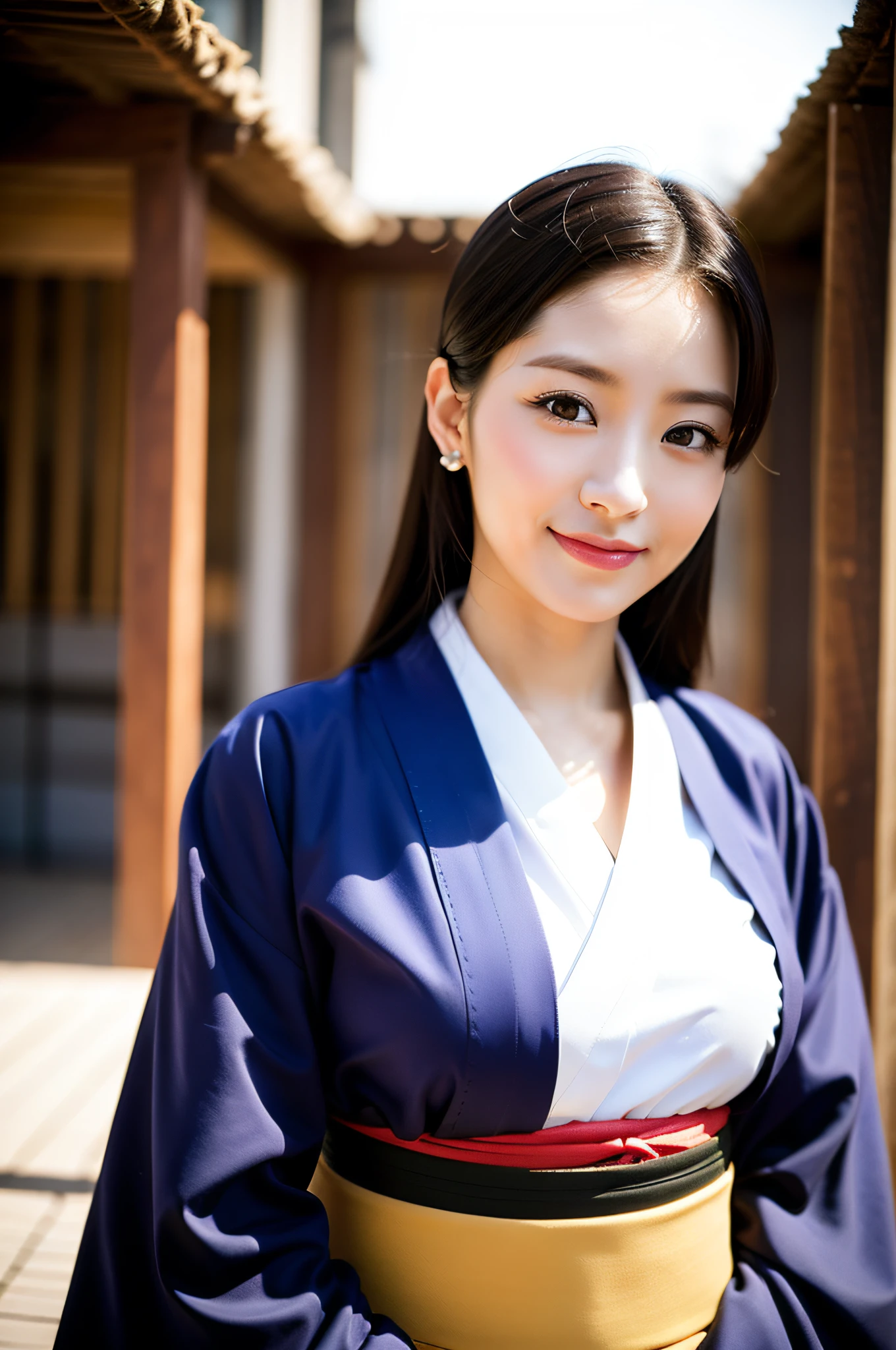 ((Top Quality, 8K, Masterpiece: 1.3)), Sharp Focus: 1.2, (Super Beautiful Face: 1.0), (Slender Abs Beauty: 1.0), (Shiny Skin: 1.0), Realistic Photography, Black Hair, Realistic Pupils, Video Lighting, High Definition Eyes and Face, Video Lighting, (Cowboy Shot: 1.3), (Kimono, Hakama, Obi: 1.4), (Korean Cute Actress), Traditional Kimono, Happy, Watch the audience, From the front, big