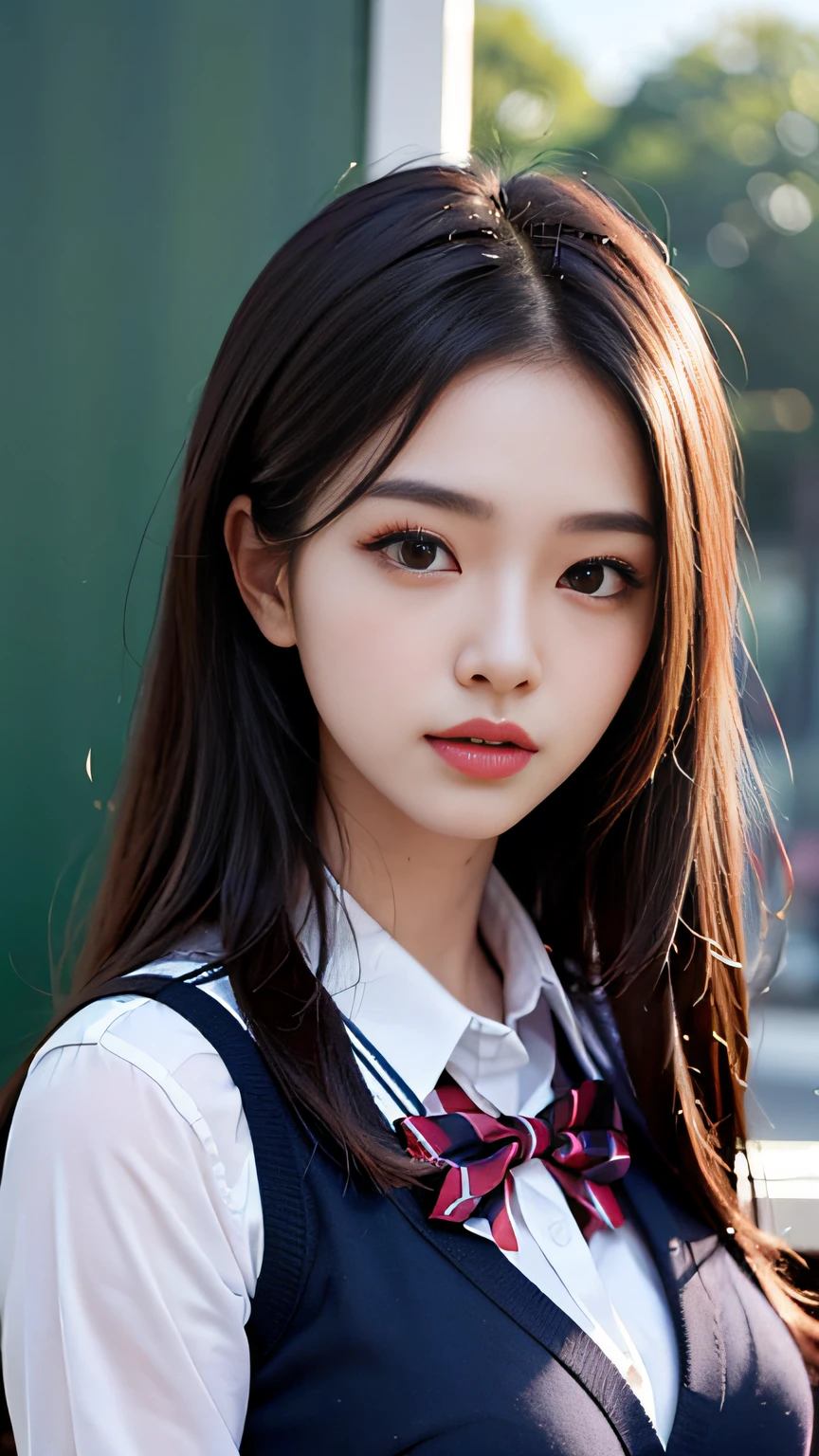 Slender Asian girl, kpop idol, ((school uniform)), ((top quality, 8k, masterpiece: 1.3)), crisp focus: 1.2, beautiful woman with perfect figure: 1.4, ighly detailed face and skin texture, detailed eyes, skinny, beautiful face, symmetrical face, full-length, slightly naked, sexy, boobs are visible