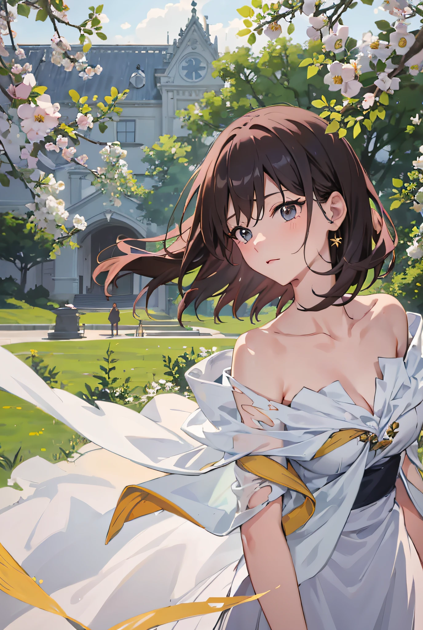 8K, (Masterpiece, Top Quality, Best Quality, Official Art, Beauty and Aesthetics: 1.2), Extremely Detailed, Colorful, Supreme Detail, There is a Woman in the Park, Short Hair, A Lovely Young Woman, High Quality Portrait, f/1. 9 6.8 1 mm ISO 4 0, holding flowers, Chen Xintong, Loepfe portrait, dim, dark, desperate, mercy, pitiful, movie, ( torn clothes: 1.5), (white cloak golden lines: 1.2), cleavage, big breasts, bare shoulders,