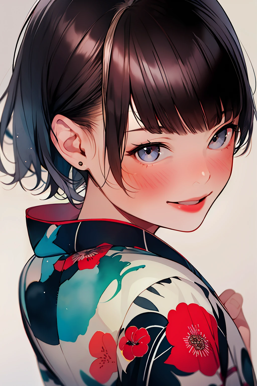 (Watercolor:1.0),1 girl, 10 years old, yukata, portrait, big smile, looking back, looking at viewer,