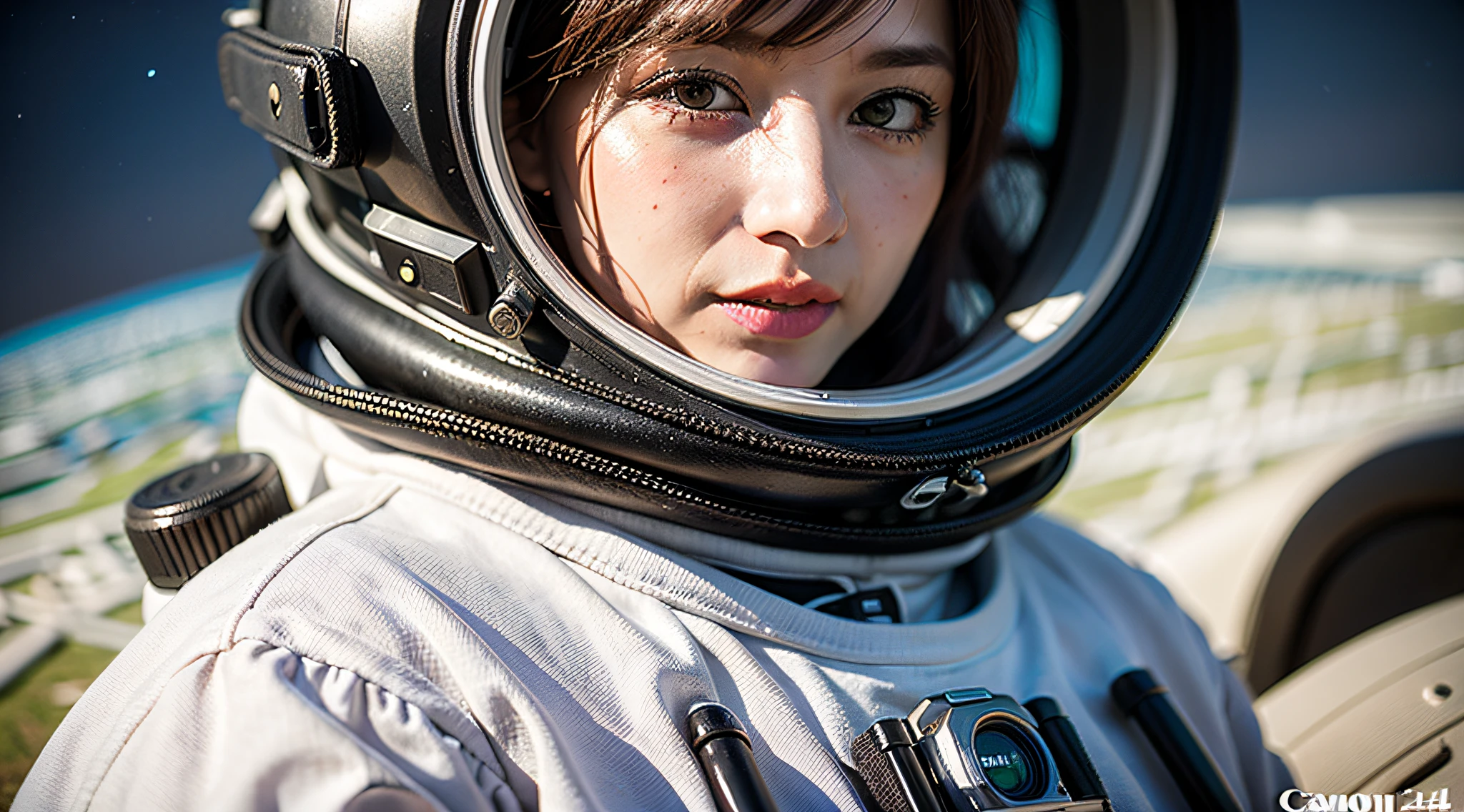 Photo, (Photorealistic: 1.4), (Hyperrealistic: 1.4), (Cinematic: 1.5), Moon, Woman in a spacesuit, Blue Earth in the sky, Canon 24mm, f: 5.6,