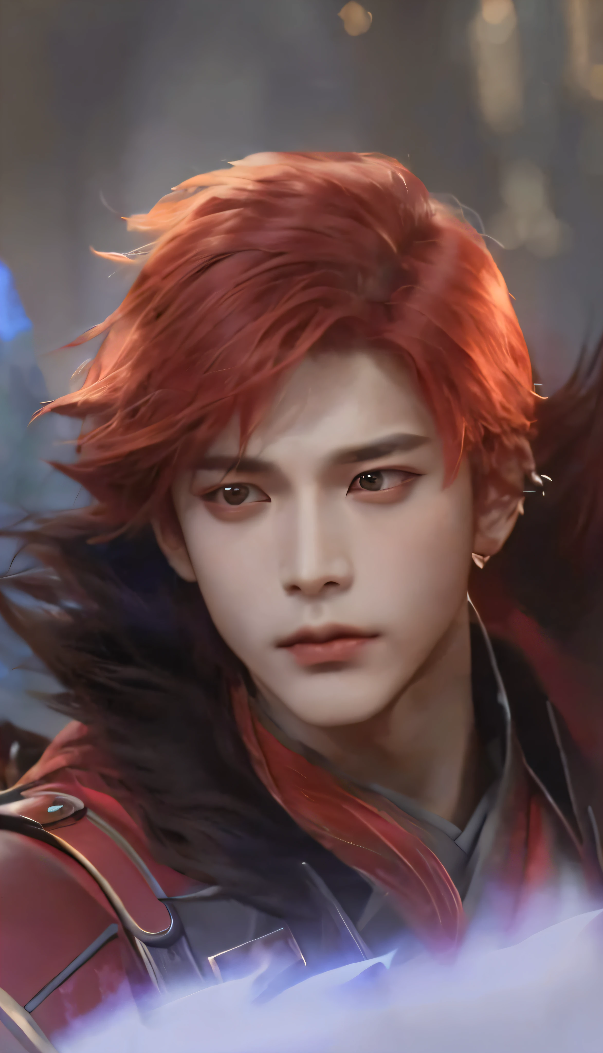 Best quality, masterpiece, close-up of a man with red hair and a sword, Cai Xukun, beautiful androgynous prince, portrait of a red wizard, Hirase Jinyao, G Liu Lian art style, Jett from Valorant, fairy hero, exquisite hermaphroditic prince, Sakimi, charming hermaphroditic humanoid