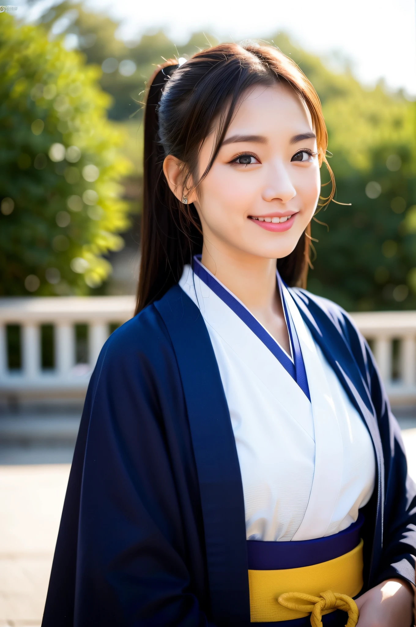 ((Top Quality, 8K, Masterpiece: 1.3)), Sharp Focus: 1.2, (Super Beautiful Face: 1.0), (Slender Abs Beauty: 1.0), (Shiny Skin: 1.0), Realistic Photography, Black Hair, Realistic Pupils, Video Lighting, High Definition Eyes and Face, Video Lighting, (Cowboy Shot: 1.3), (Kimono, Hakama, Obi: 1.4), (Korean Cute Actress), Traditional Kimono, Happy, Watch the audience, From the front, big