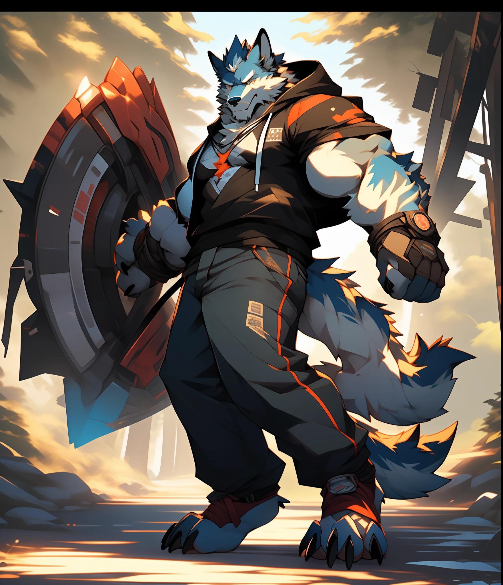 Furry muscular werewolf male in pants, furry art, muscle werewolf, high resolution committee, full body committee, furry anime, flescent art committee, fur sona furry art committee, furry flsona, gorgeous werewolf flsona, furry, furry art, expression fierce, tsundere, 1boy, a long furry wolf tail, staring at the screen, sharp claws, hair color black and gold, two legs, standing on both feet, one-handed crossed waist, human wolf, As a character in Tekken, hoodie, The clothes open to reveal the pectoral muscles, a sticky object in the crotch, furry figures, Flsona art, background, forest path