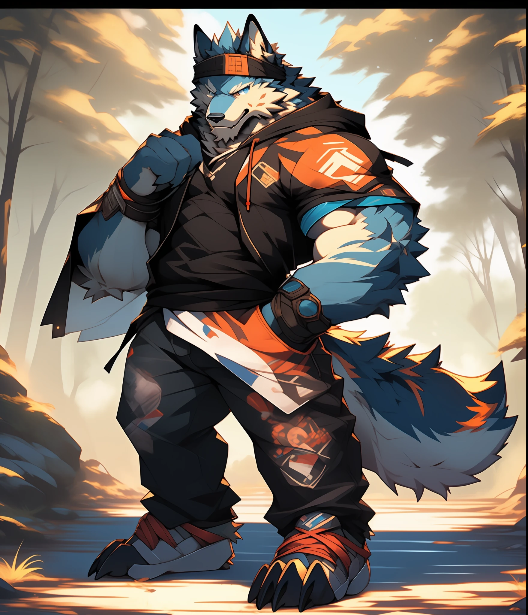 Furry muscular werewolf male in pants, furry art, muscle werewolf, high resolution committee, full body committee, furry anime, flescent art committee, fur sona furry art committee, furry flsona, gorgeous werewolf flsona, furry, furry art, expression fierce, tsundere, 1boy, a long furry wolf tail, staring at the screen, sharp claws, hair color black and gold, two legs, standing on both feet, one-handed crossed waist, human wolf, As a character in Tekken, hoodie, The clothes open to reveal the pectoral muscles, a sticky object in the crotch, furry figures, Flsona art, background, forest path