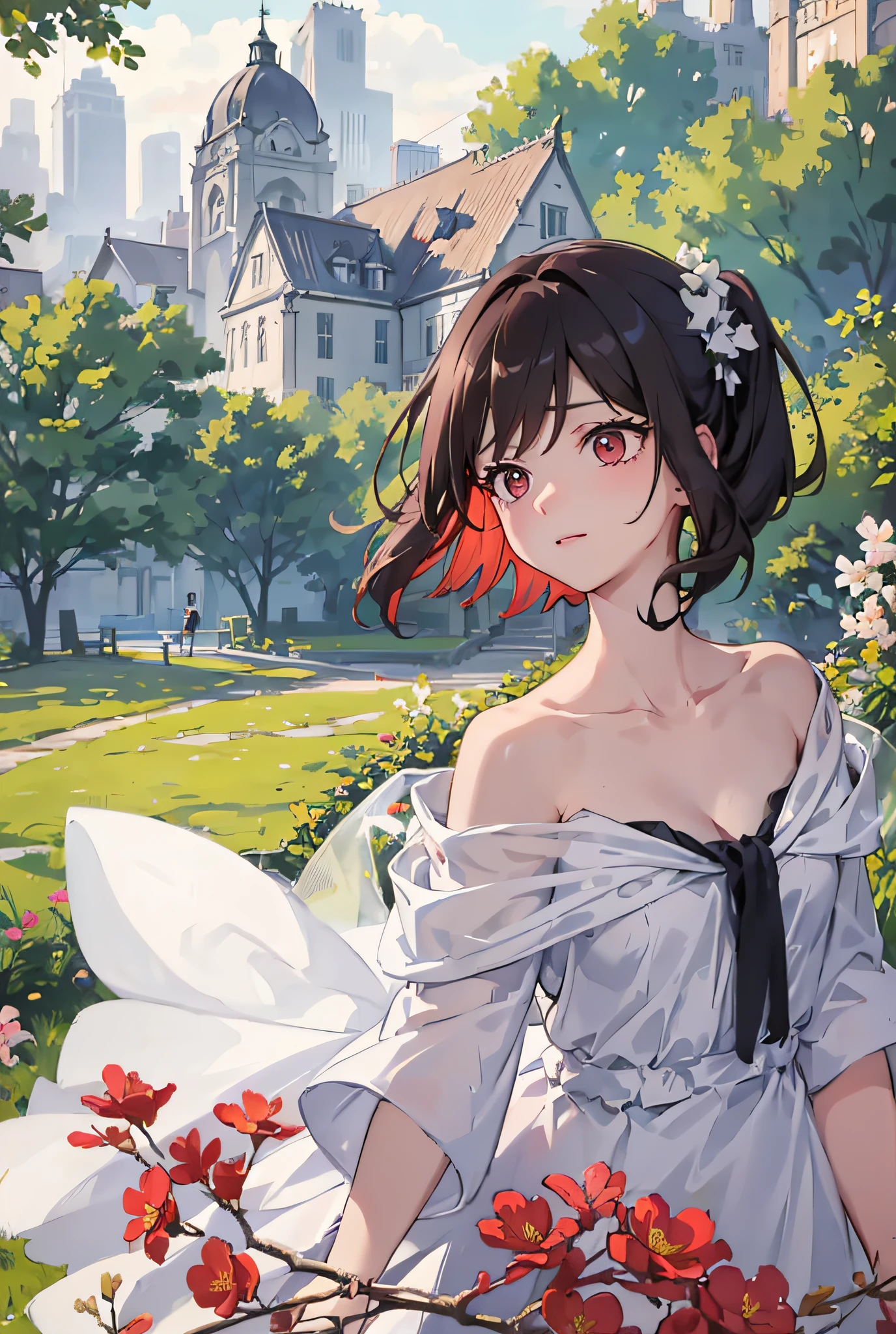 8K, (Masterpiece, Top Quality, Best Quality, Official Art, Beauty and Aesthetics: 1.2), Extremely Detailed, Colorful, Supreme Detail, There is a Woman in the Park, Short Hair, A Lovely Young Woman, High Quality Portrait, f/1. 9 6.8 1 mm ISO 4 0, Flowers Handheld, Chen Xintong, Loepfe Portrait, Dim, Dark, Despair, Mercy, Pity, Movie, ( Torn Clothes: 1.5), (White Cloak Golden Lines: 1.2), cleavage, medium breasts, bare shoulders,