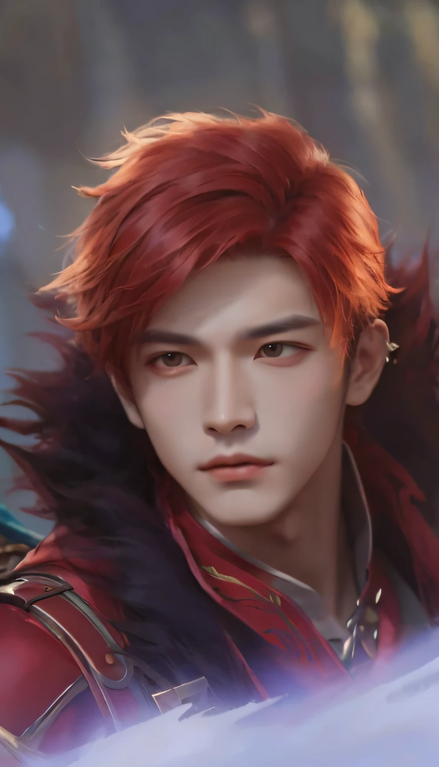 Best quality, masterpiece, close-up of a man with red hair and a sword, Cai Xukun, beautiful androgynous prince, portrait of a red wizard, Hirase Jinyao, G Liu Lian art style, Jett from Valorant, fairy hero, exquisite hermaphroditic prince, Sakimi, charming hermaphroditic humanoid