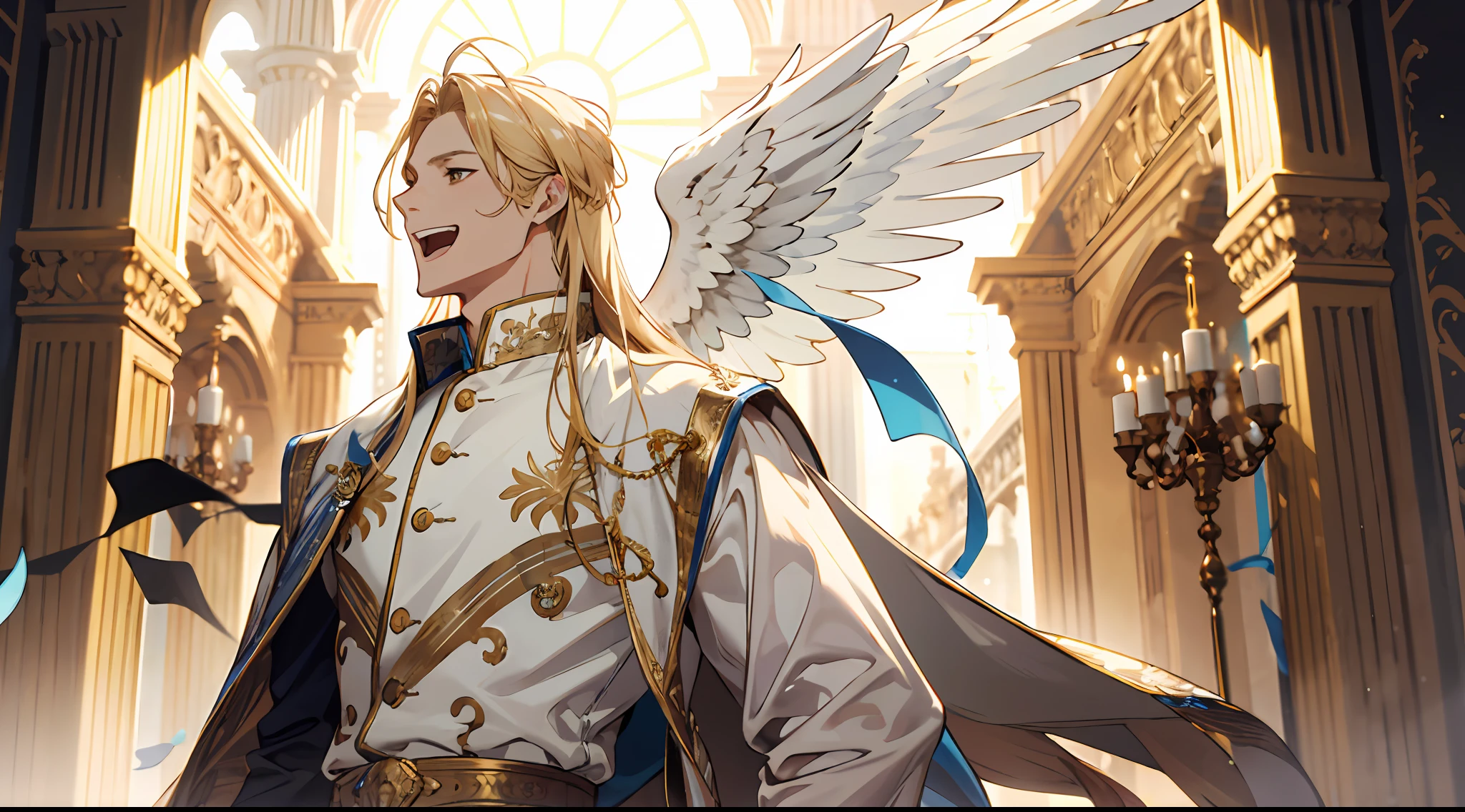 (absurd, high resolution), (panorama) (1 male), middle-aged, long blonde hair, blue and white dress, golden decoration, (tall), laughter, open mouth, 3 pairs of huge wings, broad arms, angel, palace, powerful, majestic, intense luster, white-gold dress, exquisite clothes, streamers, golden magic all over the body,