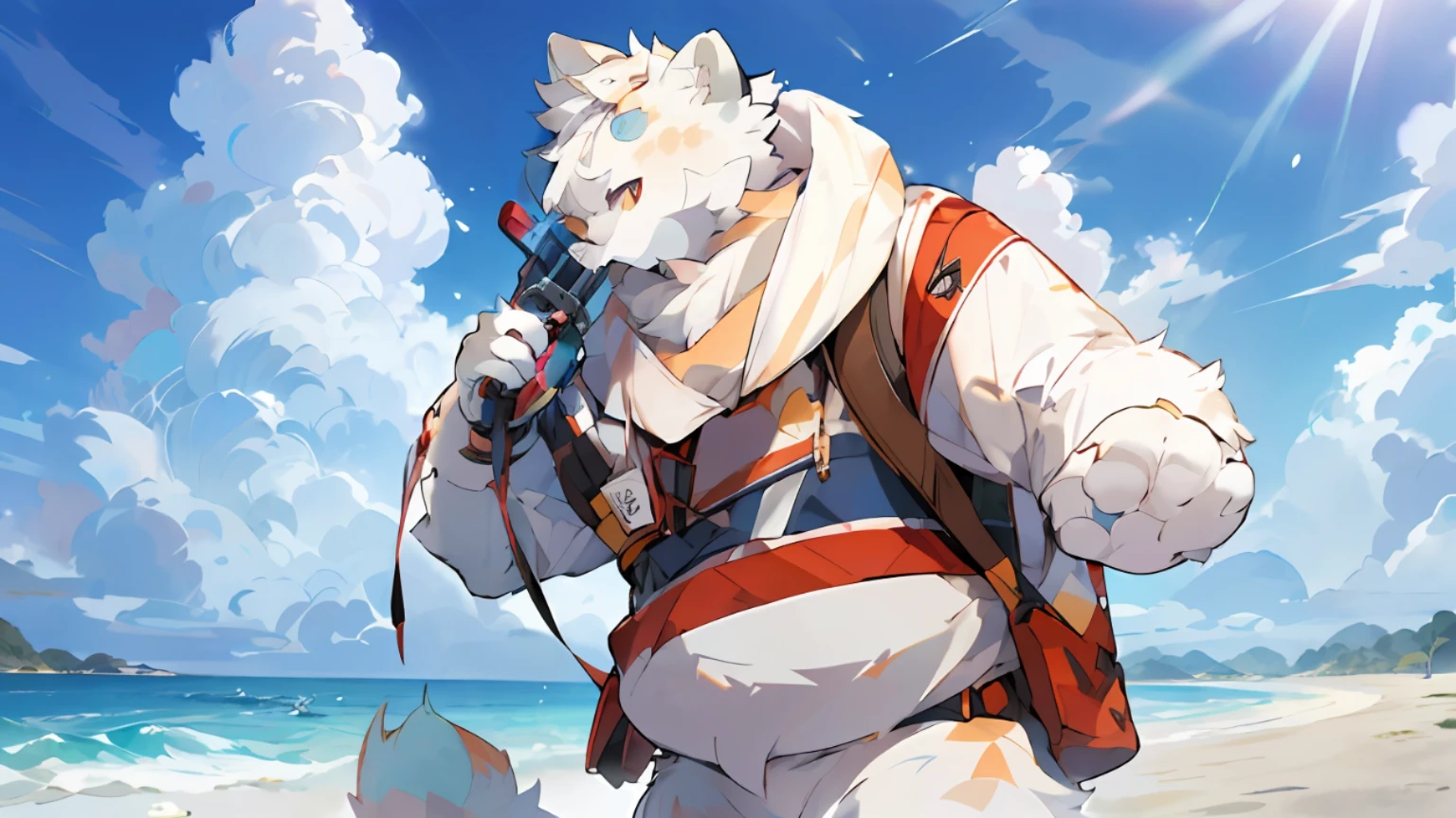 Anime characters with backpacks and phones on the beach, Furry fantasy art, Fursona art, Fursona furry art council, Isekai, clear clear RPG portrait, furry art, official art, official artwork, profile picture 1024px, white bear anime, furry art!, anthropomorphic furry art, very, very beautiful furry art, resisting a knife