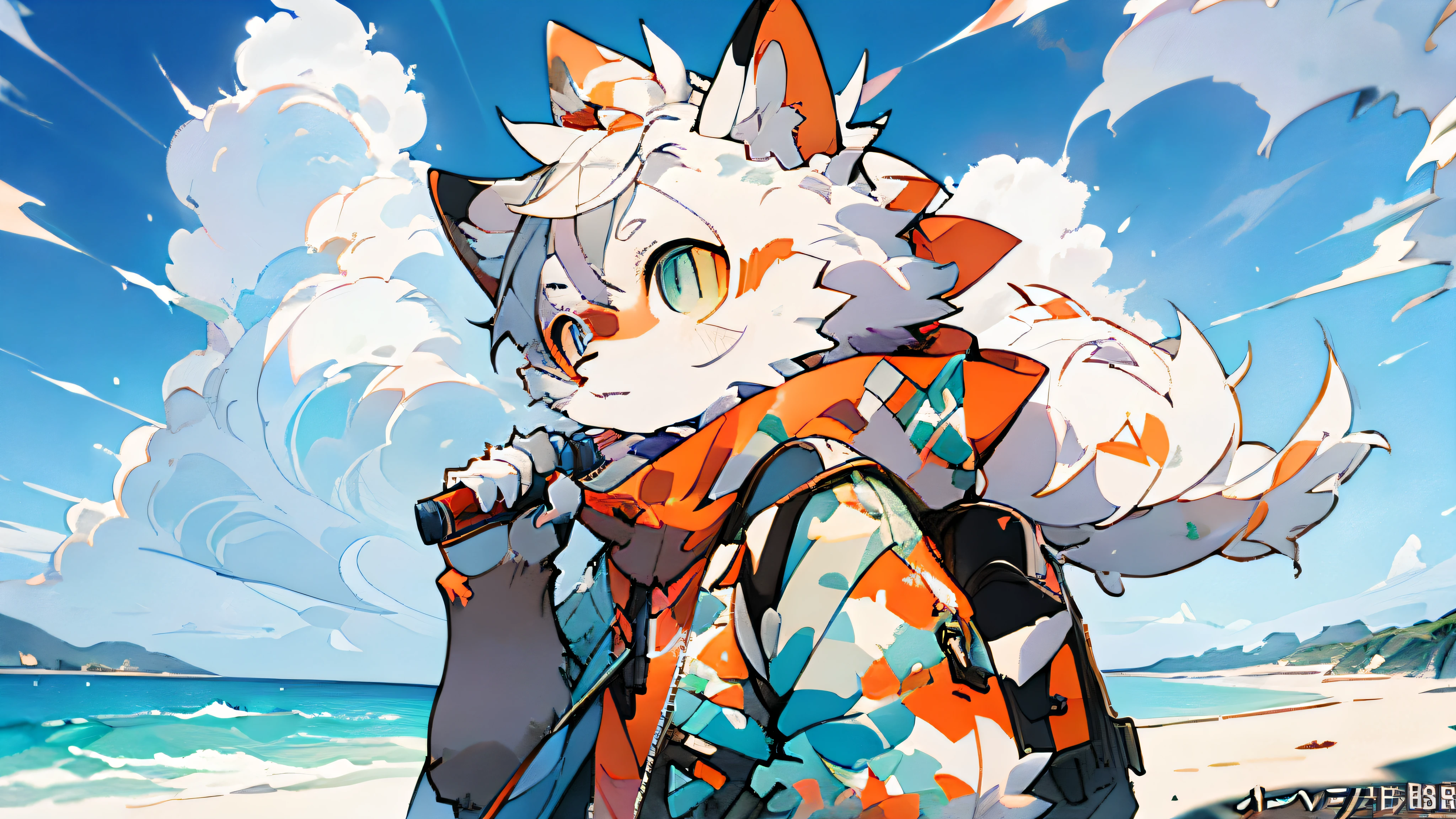 Anime characters with backpacks and mobile phones on the beach, Furry fantasy art, Fursona art, Fursona furry art council, Isekai, clear clear RPG portrait, furry art, official art, official artwork, profile picture 1024px, white bear anime, furry art!, anthropomorphic furry art, very, very beautiful furry art