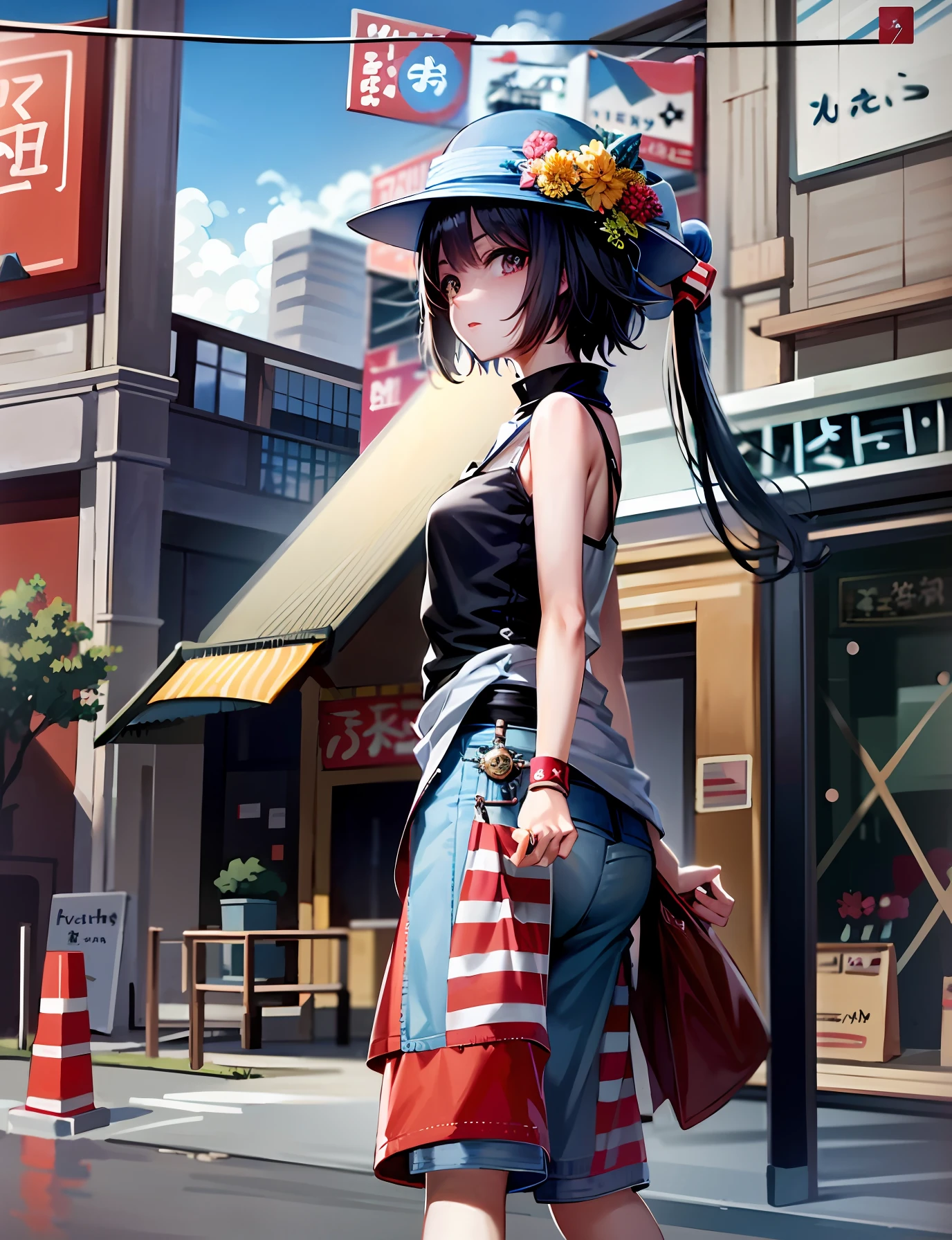 anime girl leaning on fence with flag in background, by Jin Homura, anime painting, urban girl fanart, manga painting, illustrative!!, anime style mixed with fujifilm, painted in anime painter studio, makoto kano, anime manga robot!! anime girl, anime art, anime style artwork, anime artwork, close up of lain iwakura