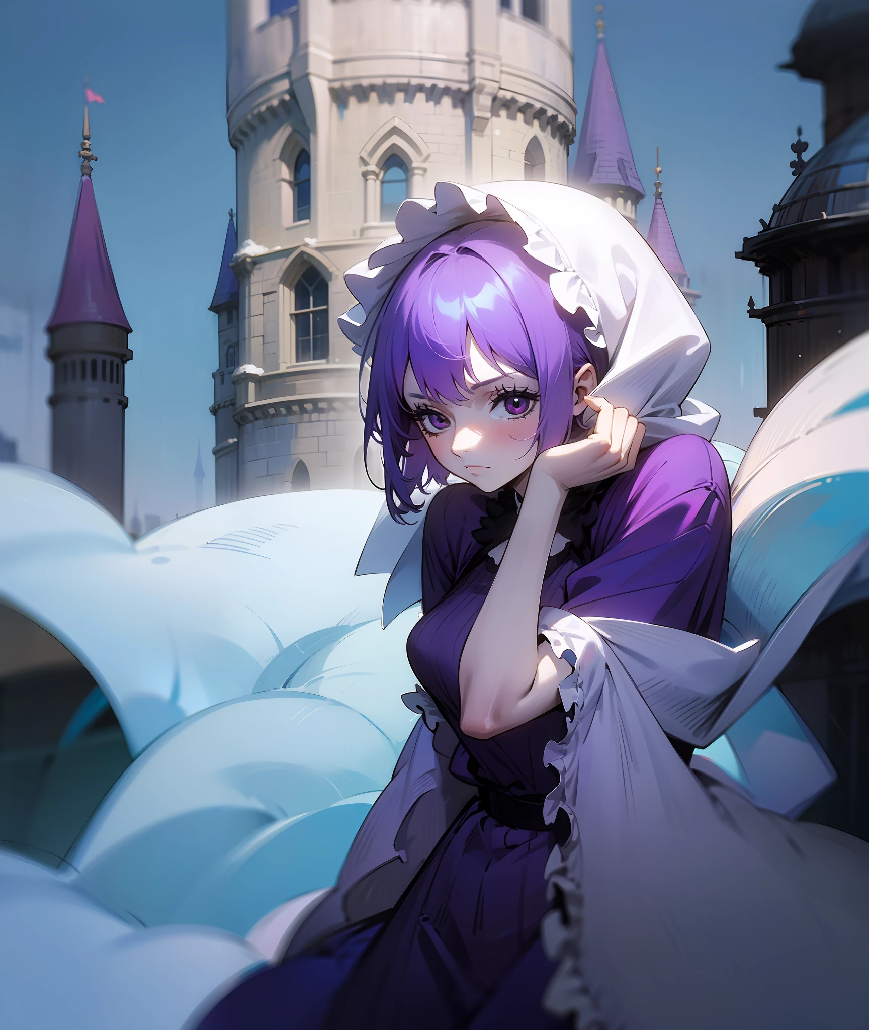 1girl, purple hair, short hair, bangs, eyes covered by hair, tired, sad, depressed, emotionless, cold, purple clothes, castle, pale skin
