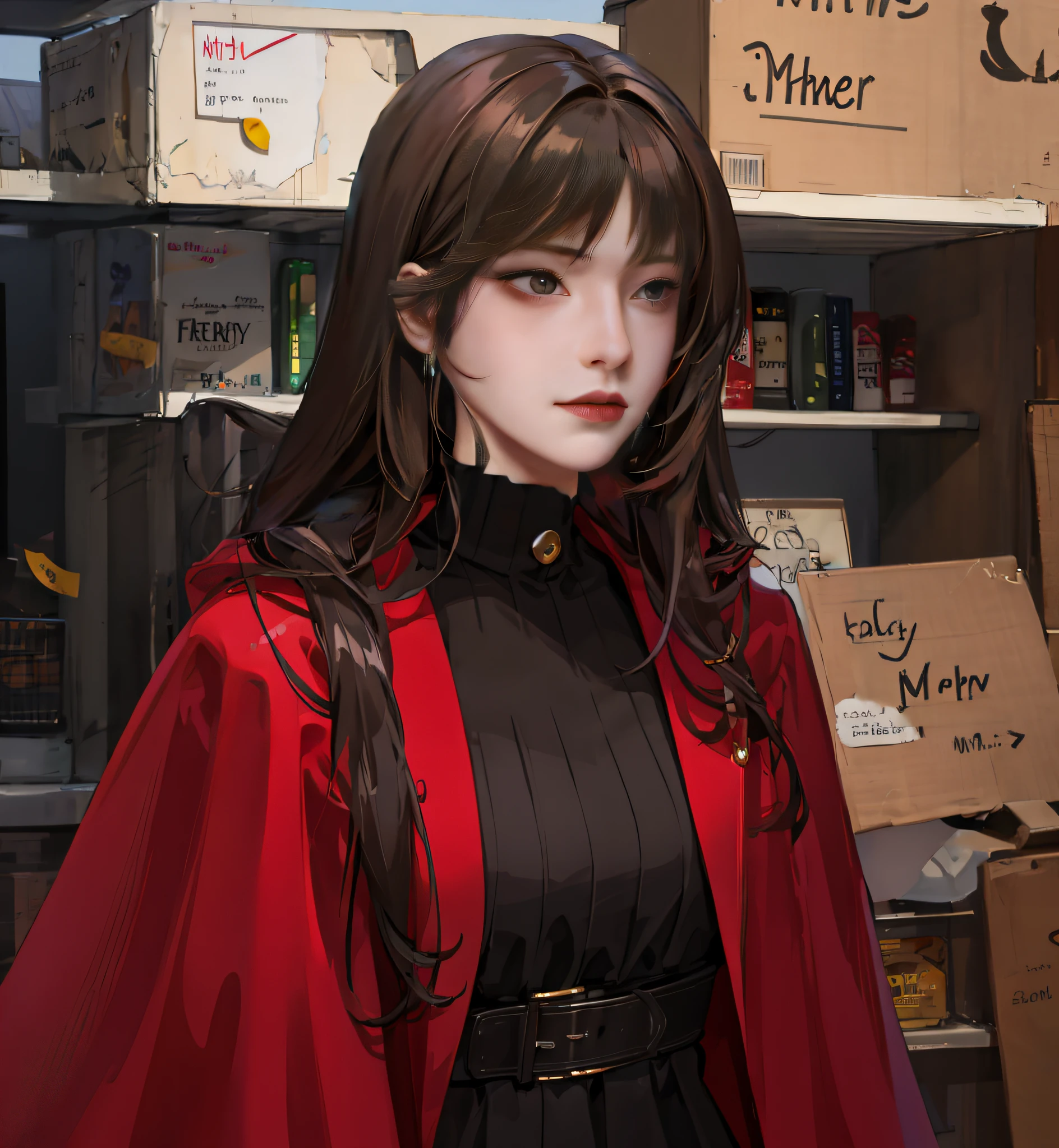 Red cape, black close-fitting dress