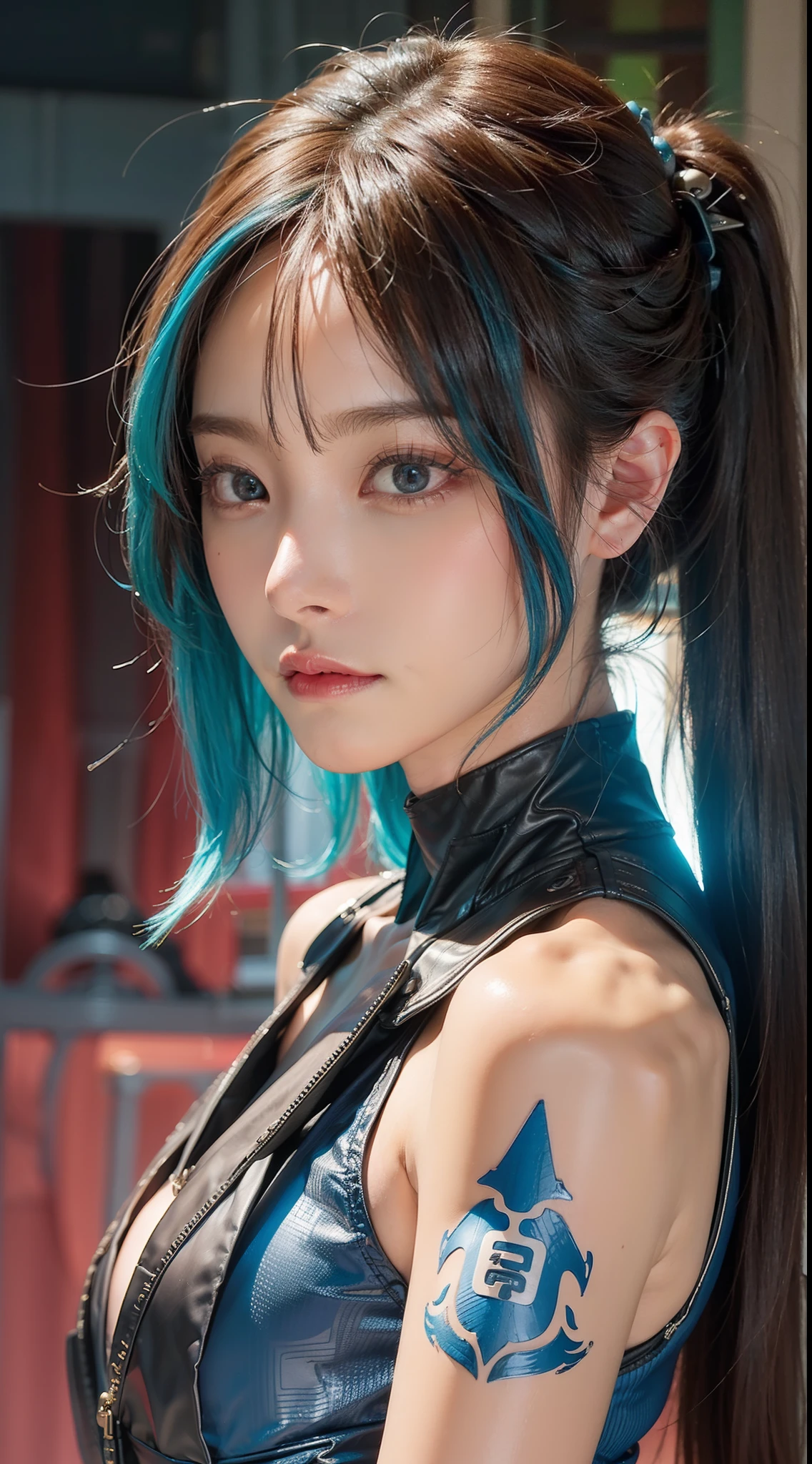 Masterpiece, 1 Beautiful Girl, Detailed Eyes, Swollen Eyes, Best Quality, Ultra Definition, (Reality: 1.4), Movie Lighting, Japanese, Asian Beauty, Korean, Very Beautiful, Beautiful Skin, Slender, Forward-Facing Body, (Ultra Realistic), (High Definition), (8K), (Very Detailed), (Best Illustration), (Beautifully Detailed Eyes), (Ultra Detail), (Wallpaper), Detailed Face, Bright Lighting, Professional Lighting, Look at the viewer, looking straight ahead, blue android suit, cyberpunk ruins in the background, a lot of cords growing from the clothes, blue hair, small blue tattoo on face, long hair,