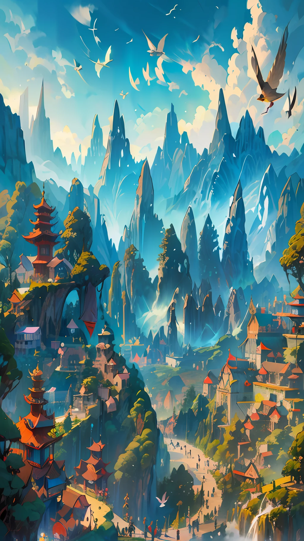 an image of an asian landscape with mountains and birds in the air, in the style of fantastical otherworldly visions, light cyan and gold, intricately mapped worlds, hyperrealistic illustrations, romanticized cityscapes, detailed character illustrations, organic shapes and curved lines, --auto --v6