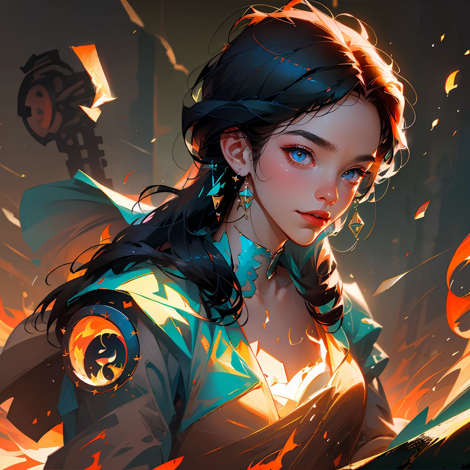 Fireflies flying around, a girl, melancholy eyes, Wlop, light and shadow effects contrasting obviously, the background is the ruins of the castle, and there are traces of burning --auto