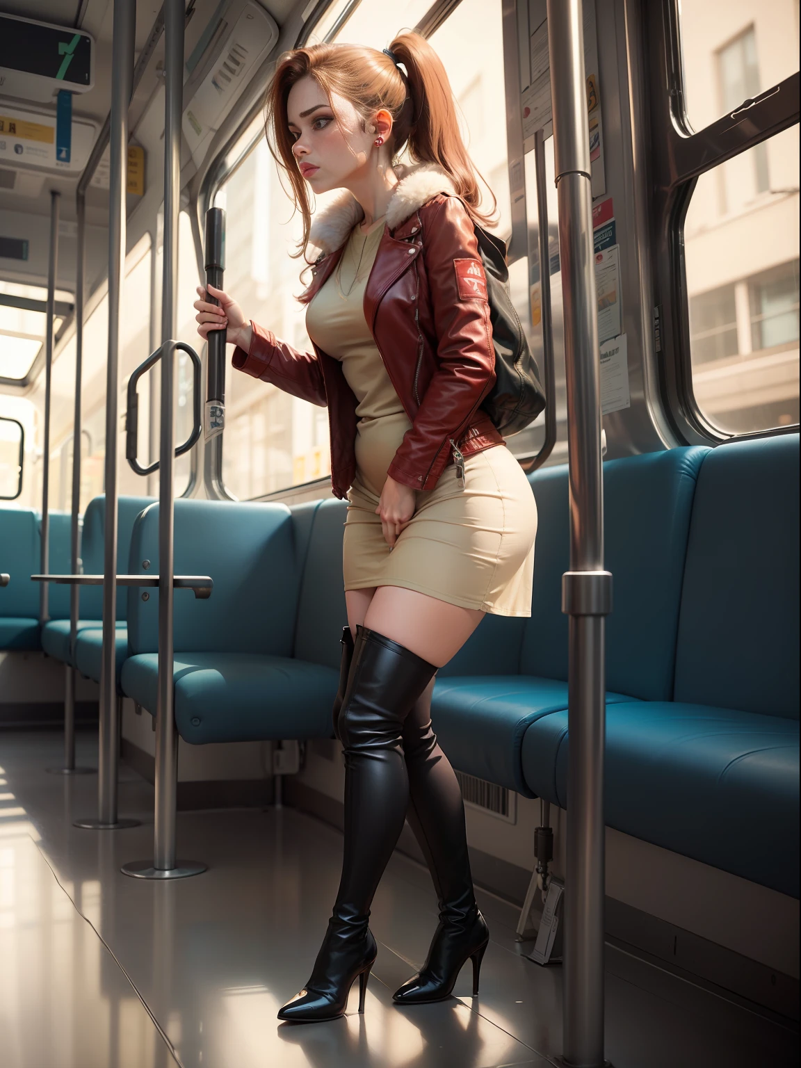 tanned redhead, ponnytail hair, two girlfriends, muscular legs, muscular calves, Strong legs, muscular hips, wide hips, Curvy hips, full body shot, mesh tights, mid-thigh boots with high heels, short leather jacket, short jumper dress, large ring earrings, Really wants to pee, rides the bus, looks out the window, wants to pee, desperately wants to pee, wants to urinate, palm on his stomach, crumpling the hem of the dress with his hands, knees together, clenched knees, clenched hips, expression of shame on his face, embarrassment, bites his lower lip, full bladder, terribly wants to go to the toilet, anatomically correct, realistic, side view