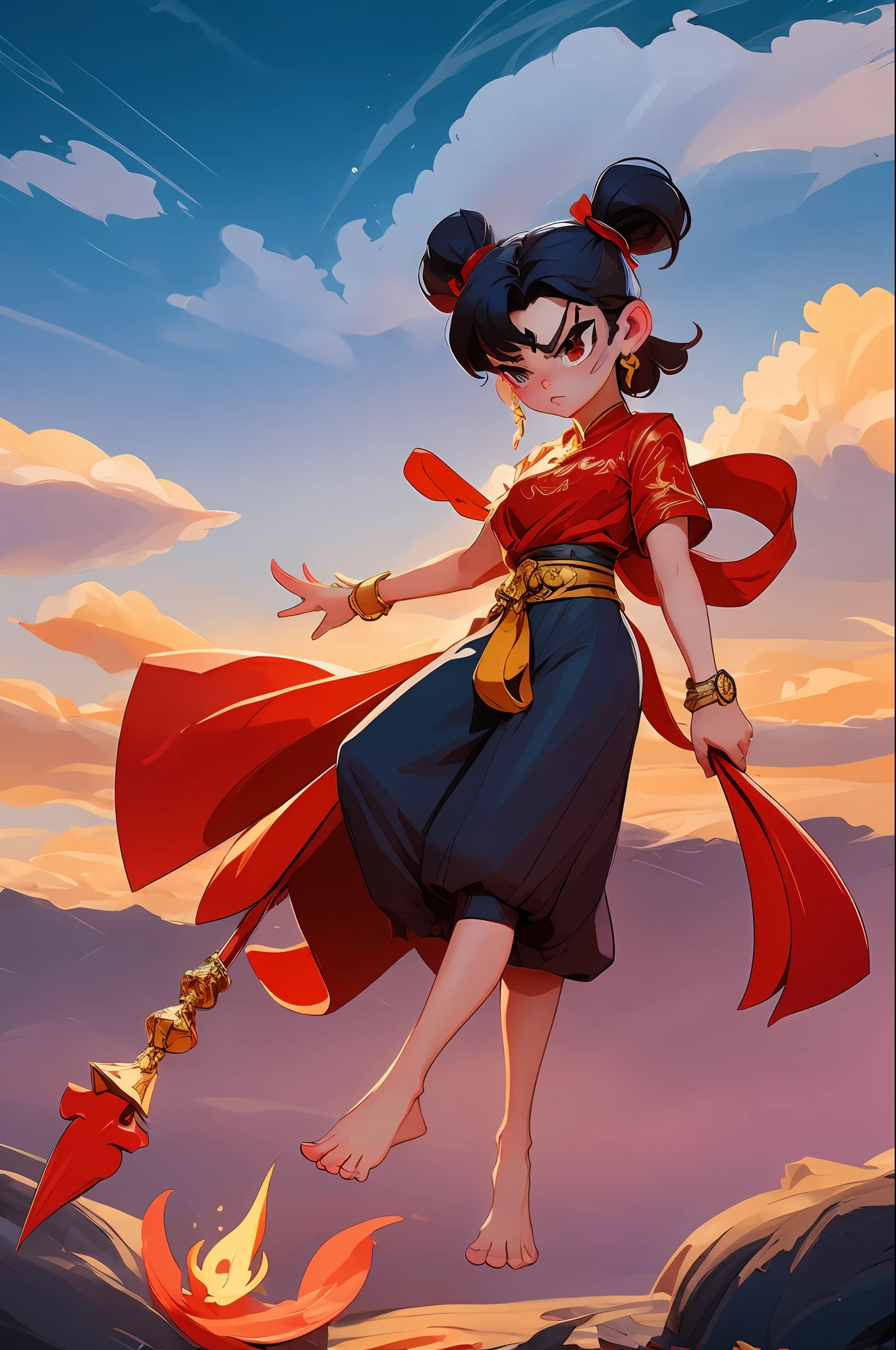 1 girl, angry, holding twist, (flying), Chinese mythology, cloudy, detailed sky, abstract background, (flame_surge_style:0.5), barefoot, (12 years: 1.5),