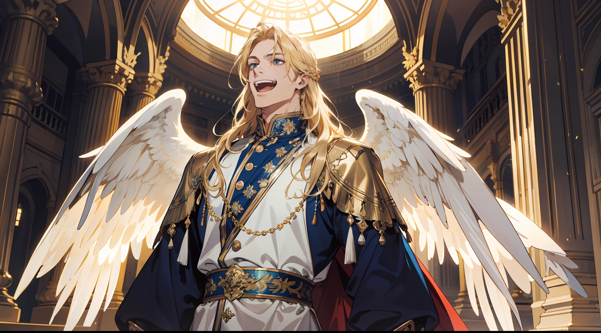 (absurd, high resolution), (panorama) (1 male), middle-aged, long blonde hair, (blue and white dress), golden decoration, (tall), laughter, open mouth, 3 pairs of huge wings, broad arms, angel, palace, powerful, majestic, intense luster, white-gold dress, exquisite clothes, streamer, golden magic around the whole body,