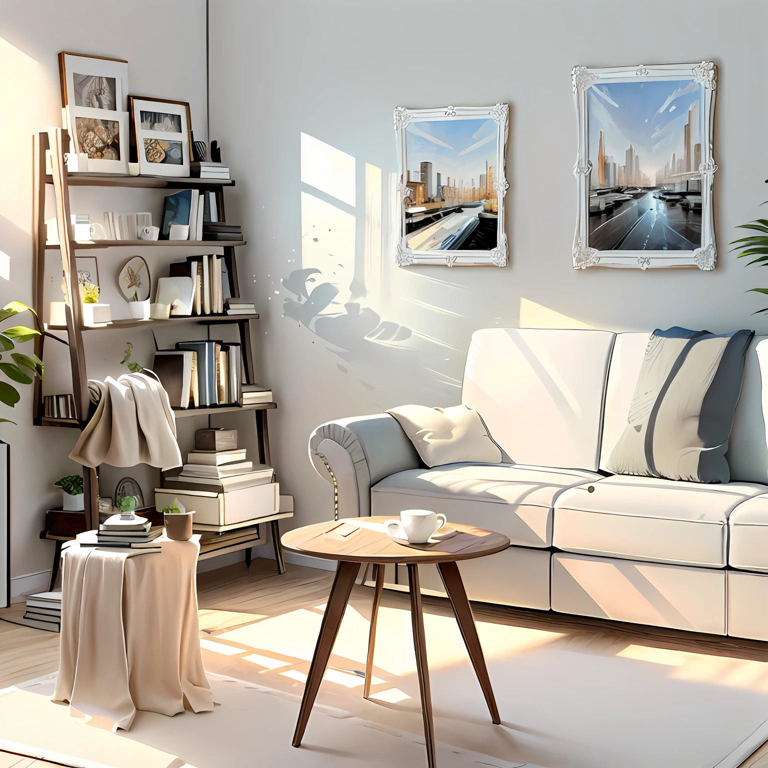 Living room with sofa, table, decorative paintings and bookshelves, Room interior, Living room interior, Living room background, In living room, Full page illustration, Living room, Interior background art, Sketch illustration, Art student's apartment, Comfortable living room background, Clean white background, Hand drawn illustration, Books, white carpet, blind light and shadow