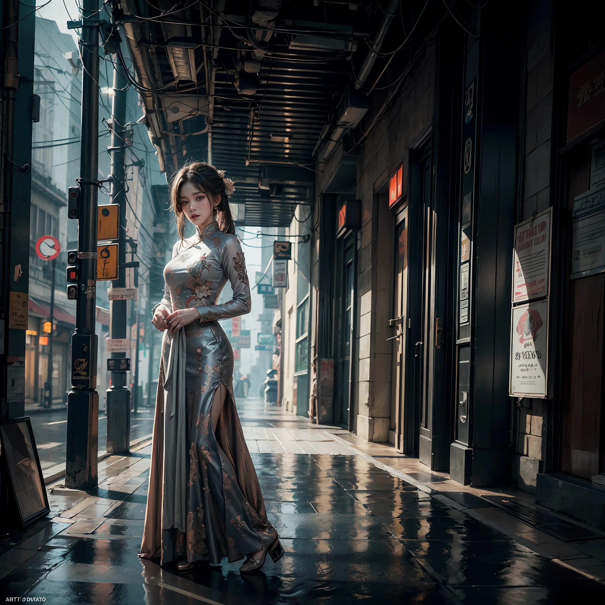 Ao Dai the a traditional dress of Vietnam country, street, cyberpunk, epic realistic, photo, faded, complex stuff around, intricate background, soaking wet, vintage colors, ((((hdr)))), ((((muted colors)))), intricate scene, artstation, intricate details, vignette