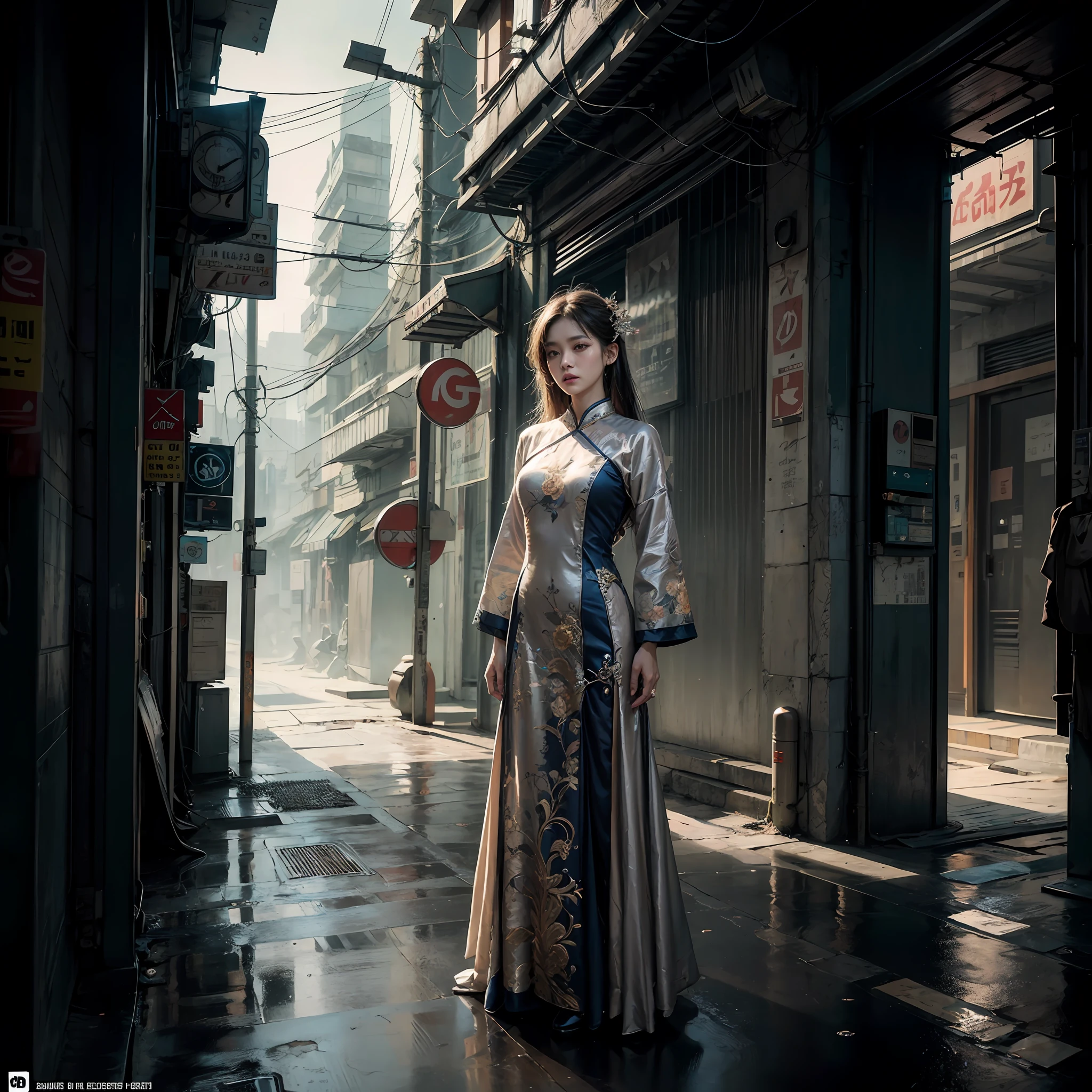 Ao Dai the a traditional dress of Vietnam country, street, cyberpunk, epic realistic, photo, faded, complex stuff around, intricate background, soaking wet, vintage colors, ((((hdr)))), ((((muted colors)))), intricate scene, artstation, intricate details, vignette