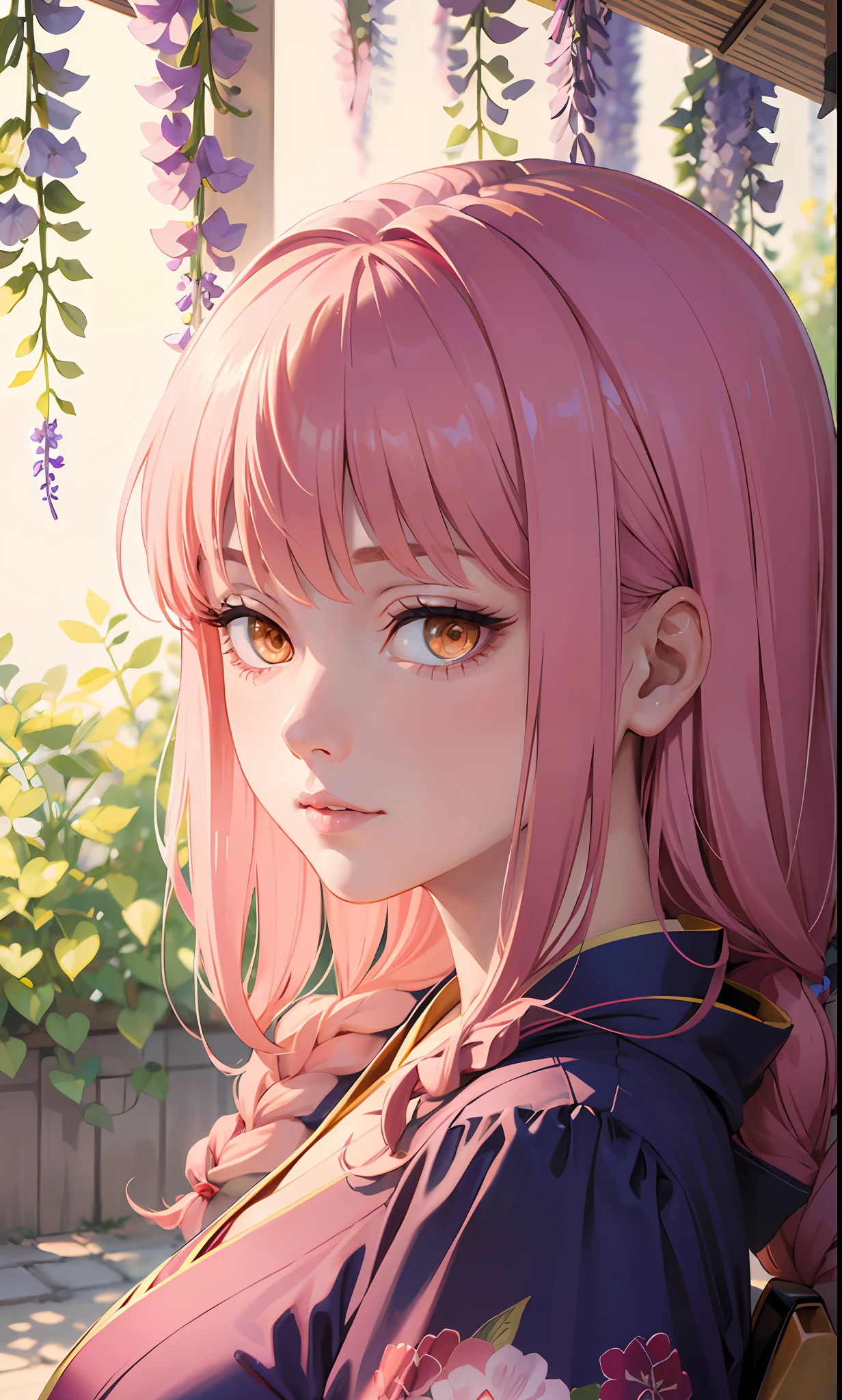 masterpiece, (pink kimono), seductive face, good lighting, neckline, small details, masterpiece, bright eyes, 1girl, red hair, on face, wisteria background, masterpiece, best quality, POV, big breasts.