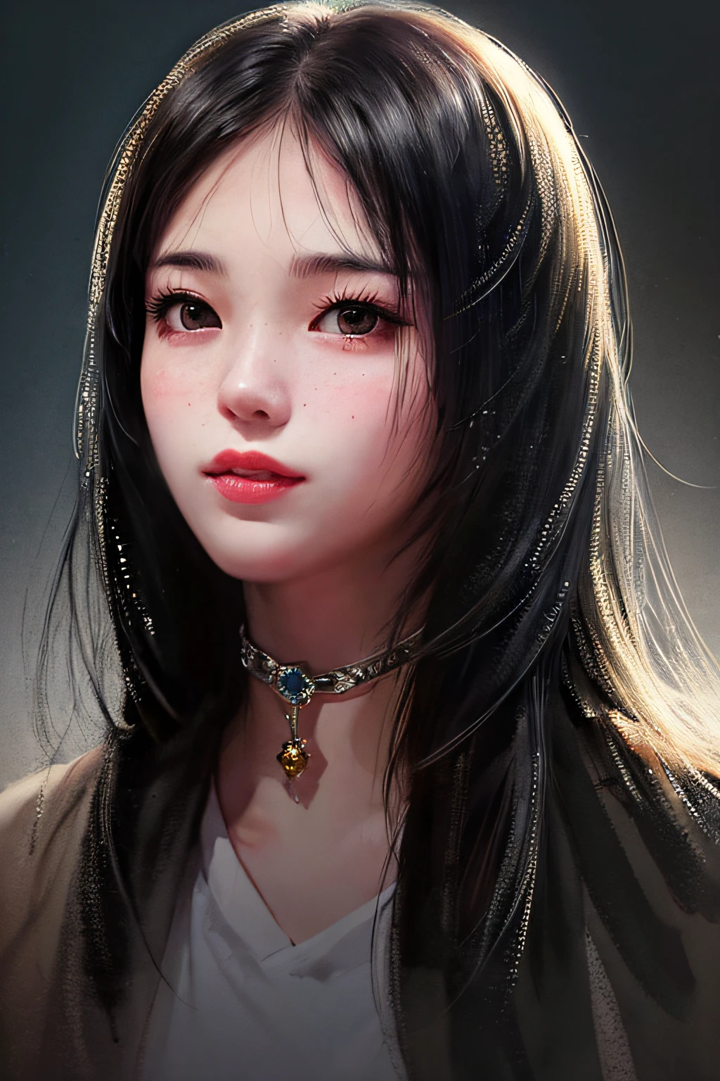 [(ulzzang 1.1:0.1), (pureros:0.1):-0.05], (semi realistic:1.3), (dynamic pose:1.2), (long black hair:1.35), china embroidery silk dress (masterpiece:1.2), (best quality: 1.15), (1girl: 1.2), (solo: 1.2), 1.2), (Korean mixed race, kpop idol: 1.3), (masculinity: 1.25), (angular face: 1.2), (choker +short skiny_outfit vintage white frilly dress: 1.1), (femme fatale: 1.3), (upturned eyes: 1.3), (thick eyebrows: 1.1), (long eyelashes + smoky eyeliner + eyeshadow + red eyeshadow + lip gloss + sexy glitter makeup: 1.1), 35-year-old girl, girl, (depth of field: 1.1), (extreme beauty: 1.3), (extreme beauty: 1.3), (extreme super realistic human skin: 1.3), (Freckles, Flushing, Acne, Fine Lines, Pores, Fine Lines, Skin Tone: 1.12), (Lively, Rough, Dirty: 1.15), (Super Needle Beauty: 1.1) (Full Eyes, Full Face: 1.1), ( Realistic Lighting, Cinematic Lighting: 1.1), (Simple Background: 1.25)