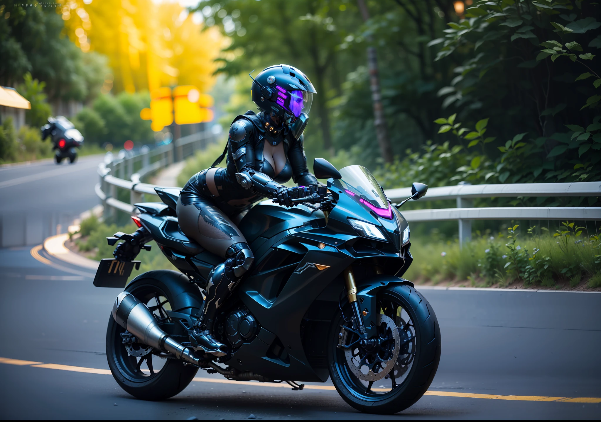 Sexy Cyber Warrior and Cyber Mechanical Motorcycle, Full Body Exquisite High-Tech Armor, Exquisite Black Tech Helmet, Nousr, Biomechanics, MSHN Robot Man, High-Tech Helmet, Hyperreal, Steel, Intricate Design, Crazy Details, Fine Details, Extremely Clear Lines, Cinematic Lighting, Photo Realistic, Detailed Masterpiece